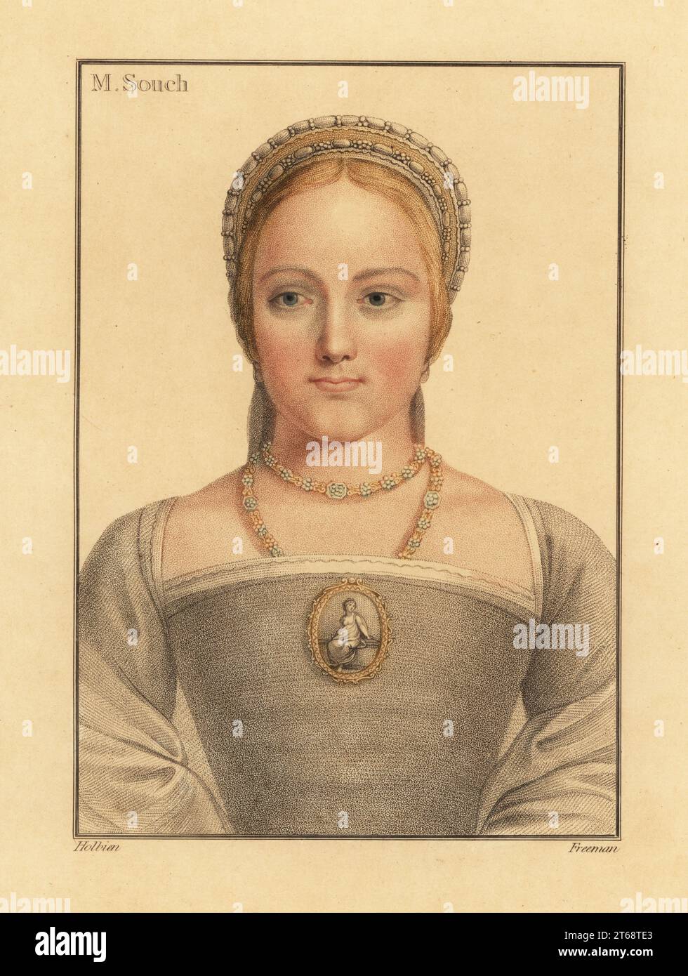 Mary Zouch, signora in attesa di Jane Seymour. O Joan Zouch, moglie di Richard Zouch, sorella di Sir Edward Rogers, Comptroller della Casa della Regina Elisabetta I. o Anne Gainsford, signora in attesa di Anne Boleyn. M. Souch. Incisione a stiletto in copperplate a mano di Freeman dopo un ritratto di Hans Holbein il giovane da imitazioni di disegni originali di Hans Holbein, John Chamberlaine, Londra, 1812. Foto Stock