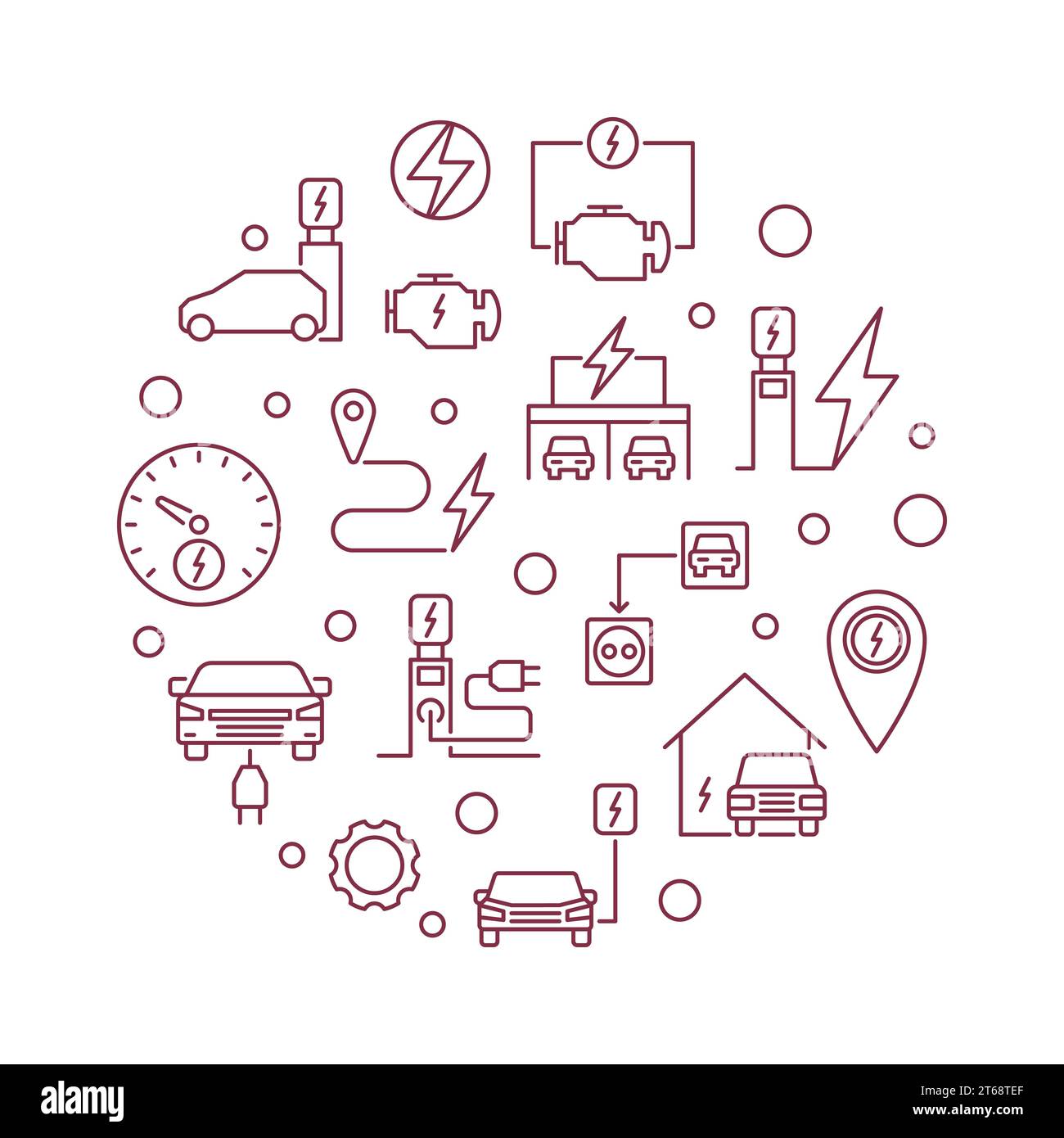 Stazioni di ricarica e auto elettriche rotonde con illustrazione vettoriale rossa in stile contorno su sfondo bianco Illustrazione Vettoriale