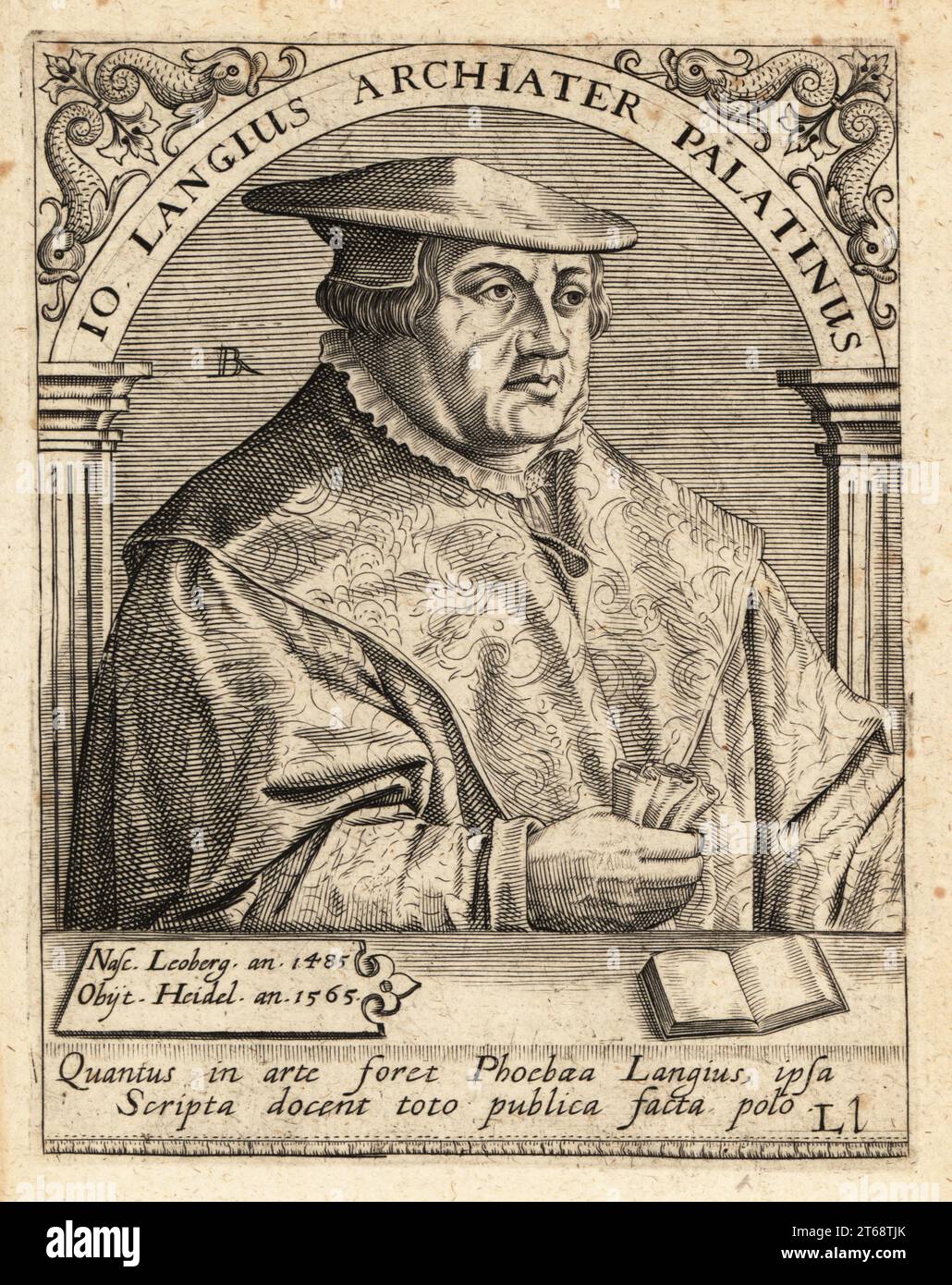 Johannes Lange, medico e chirurgo tedesco, 1485-1565. Jo. Langius Archiater Palatinus. Incisione su lastra di rame di Johann Theodore de Bry di Jean-Jacques Boissards Bibliotheca Chalcographica, Johann Ammonius, Francoforte, 1650. Foto Stock