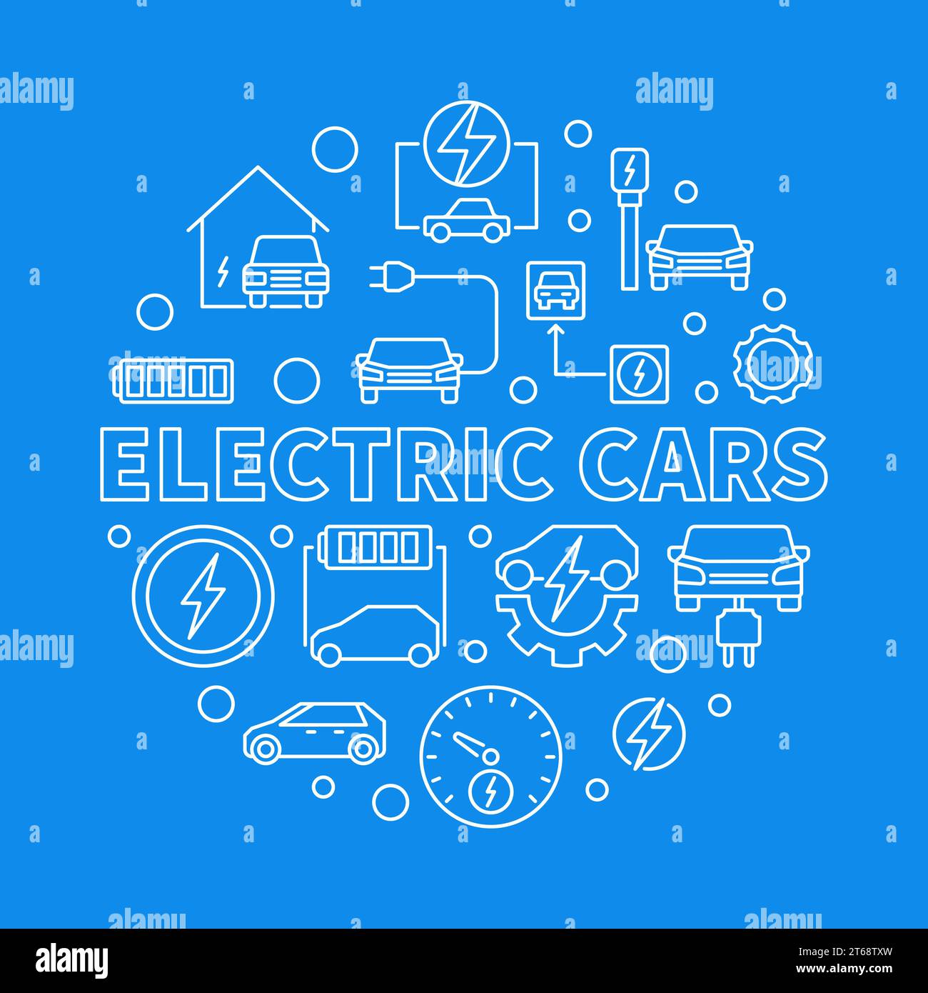 Illustrazione vettoriale rotondo delle auto elettriche in stile linea sottile su sfondo blu Illustrazione Vettoriale