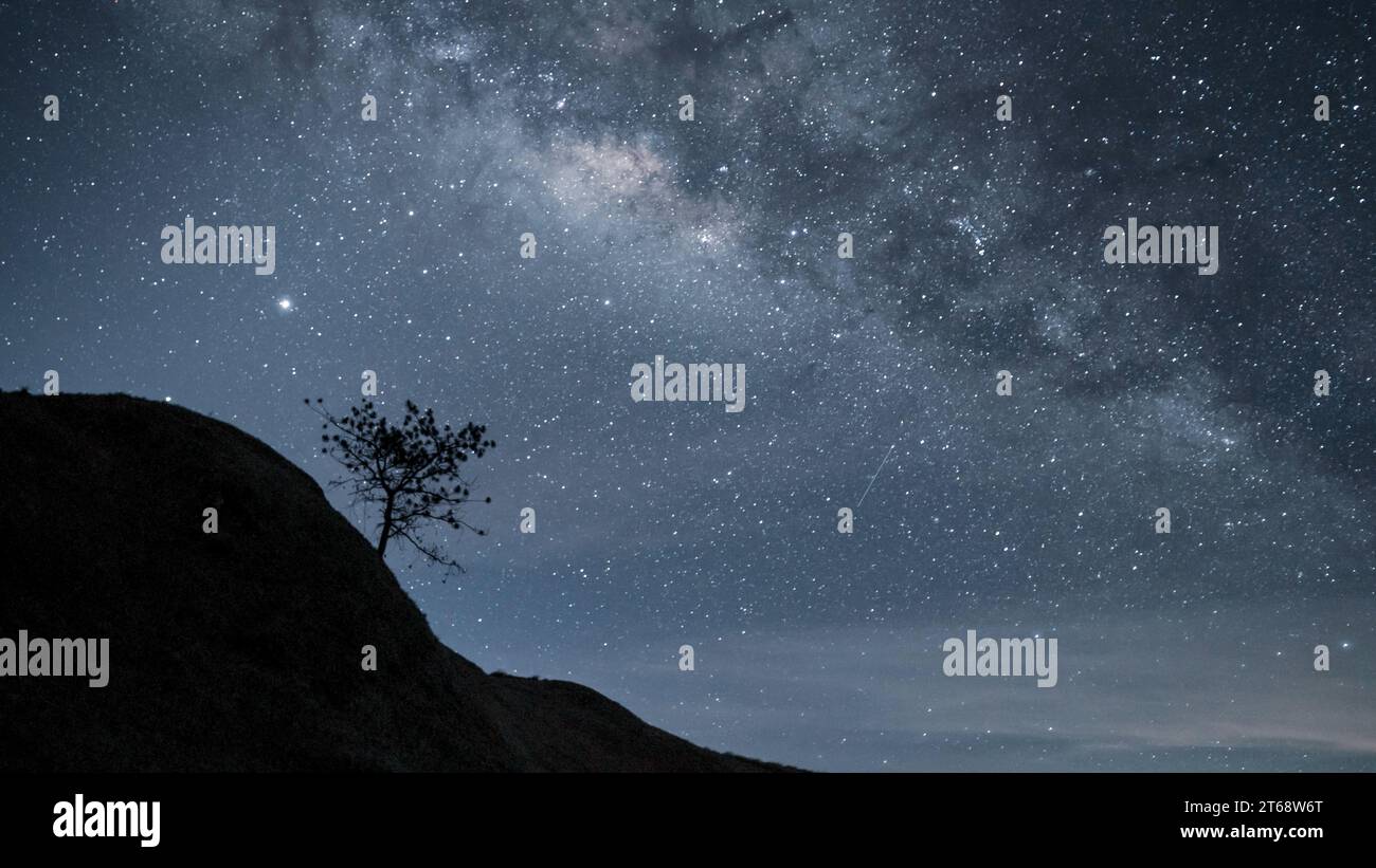 Una silhouette di una singola figura si erge in cima a una collina, guardando il cielo notturno costellato di stelle. Foto Stock