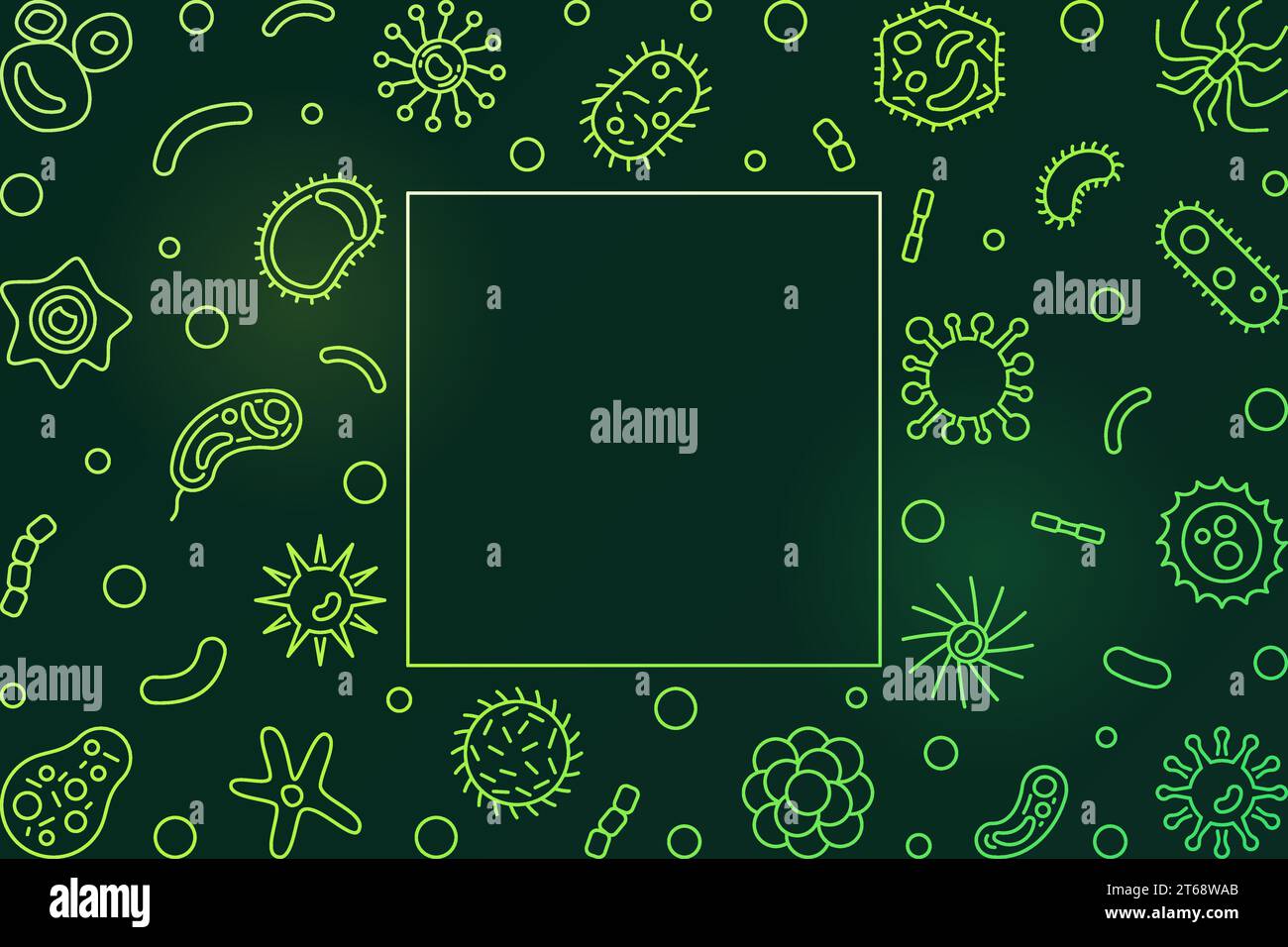 Telaio orizzontale verde per cellule batteriche. Illustrazione per microbiologia vettoriale creativa o sfondo in linea sottile Illustrazione Vettoriale
