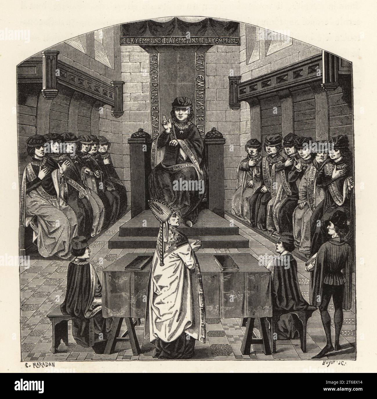 Un capitolo del Toson d'Oro sotto Charles the Bold. Da un manoscritto del XV secolo. Chapitre de la Toison dor, tenu sous Charles le Temeraire. Woodcut di Etienne Huyot e Jules Huyot dopo C. Maradan di Paul Lacroixs la vie Militaire et Religieuse au Moyen Age et a lEpoque de la Renaissance, vita militare e religiosa nel Medioevo e nel Rinascimento, Parigi, 1873. Foto Stock