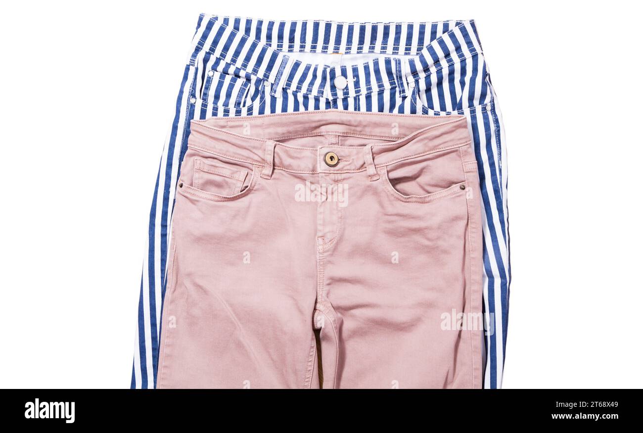 Due pantaloni casual femminili isolati su sfondo bianco Foto Stock