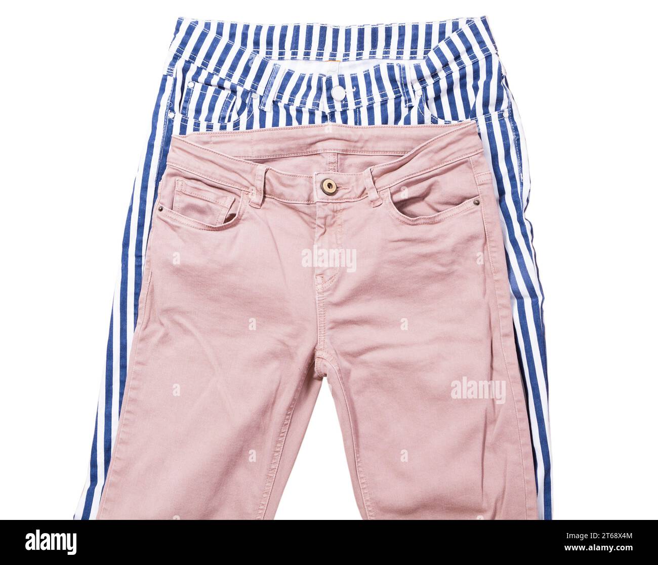Due pantaloni casual femminili isolati su sfondo bianco Foto Stock