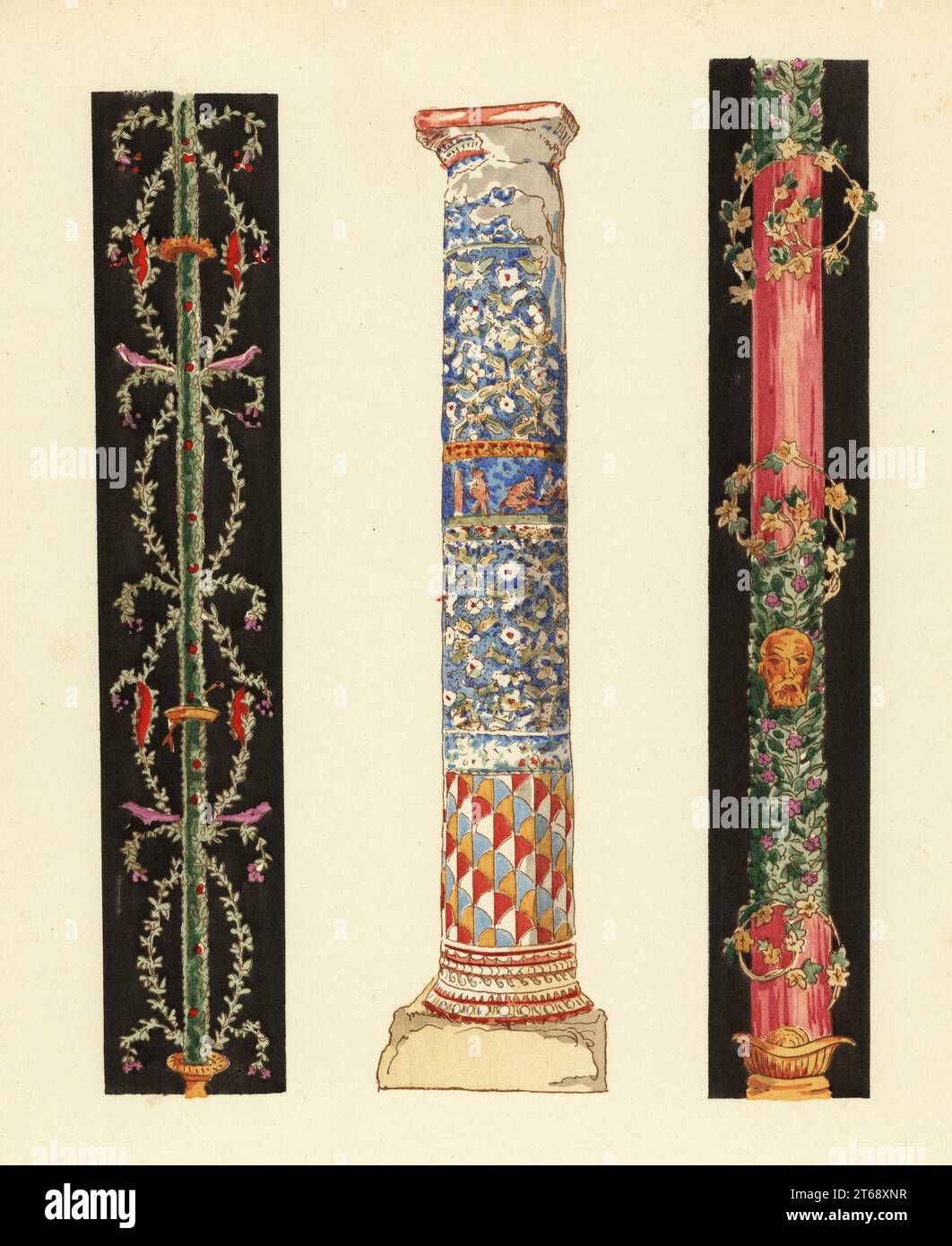 Lucernario decorativo nel quarto stile pompeiano (1,3) e colonna di mosaico smaltato (2), Pompei. Nel Museo di Napoli. Candelabres decoratifs du quatrieme style, colonne de mosaique demail, Musee de Naples. Pocoro (stencil) a mano litografia di Pierre Guzman dal suo stesso Decoration murale a Pompei, (decorazione murale a Pompei), Editions Albert Morance), Parigi, 1924. Foto Stock
