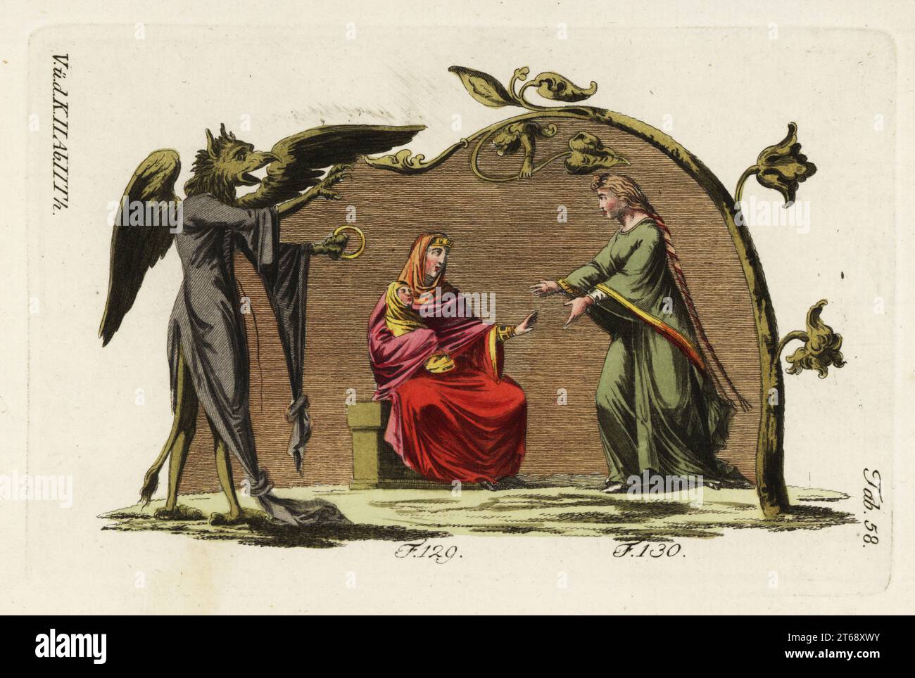 Costumi normanni del 12 ° secolo. Caricatura di un demone alato che indossa una surtout normanna a maniche lunghe legata alle maniche e alle code, tenendo un anello d'oro, donna normanna seduta in velo con bambino in abiti ondolanti 129, e donna normanna in surtout con lunghi capelli intrecciati alle ginocchia 130. Incisione a mano su copperplate dal quadro storico di Robert von Spalart dei costumi del principale popolo dell'antichità e del Medioevo, Vienna, 1802. Foto Stock