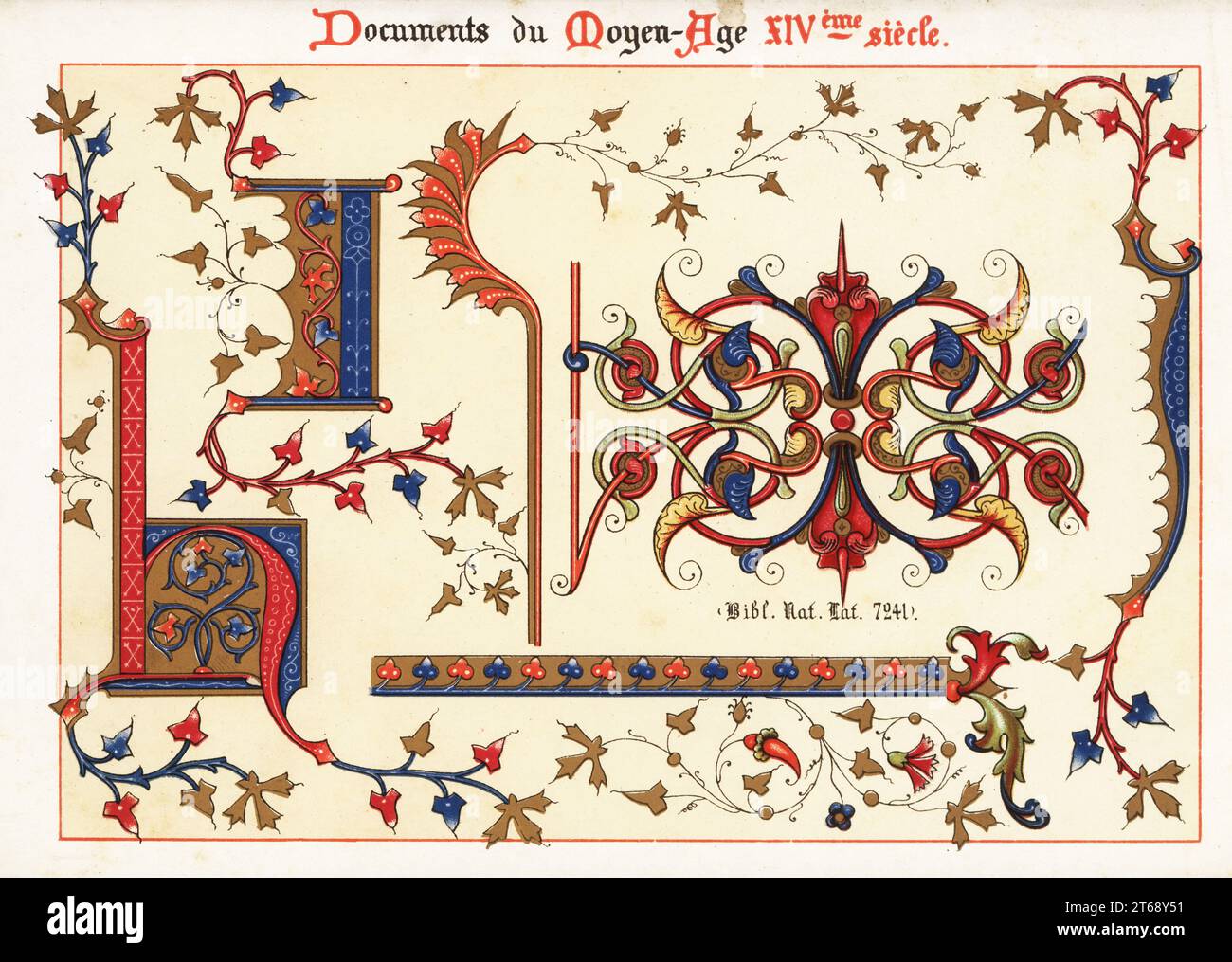 Lettere iniziali B e i della Bibbia illuminata di Jean de Sy per il Re Jean II di Francia, Jean le Bon, XIV secolo, ed elemento decorativo del manoscritti latini 7241, Bibl. NAT. Chromolithograph progettato e litografato da Ernst Guillot dalla sua Ornementation des Manuscrits au Moyen-Age (decorazione da manoscritti del Medioevo), Parigi, 1897. Foto Stock
