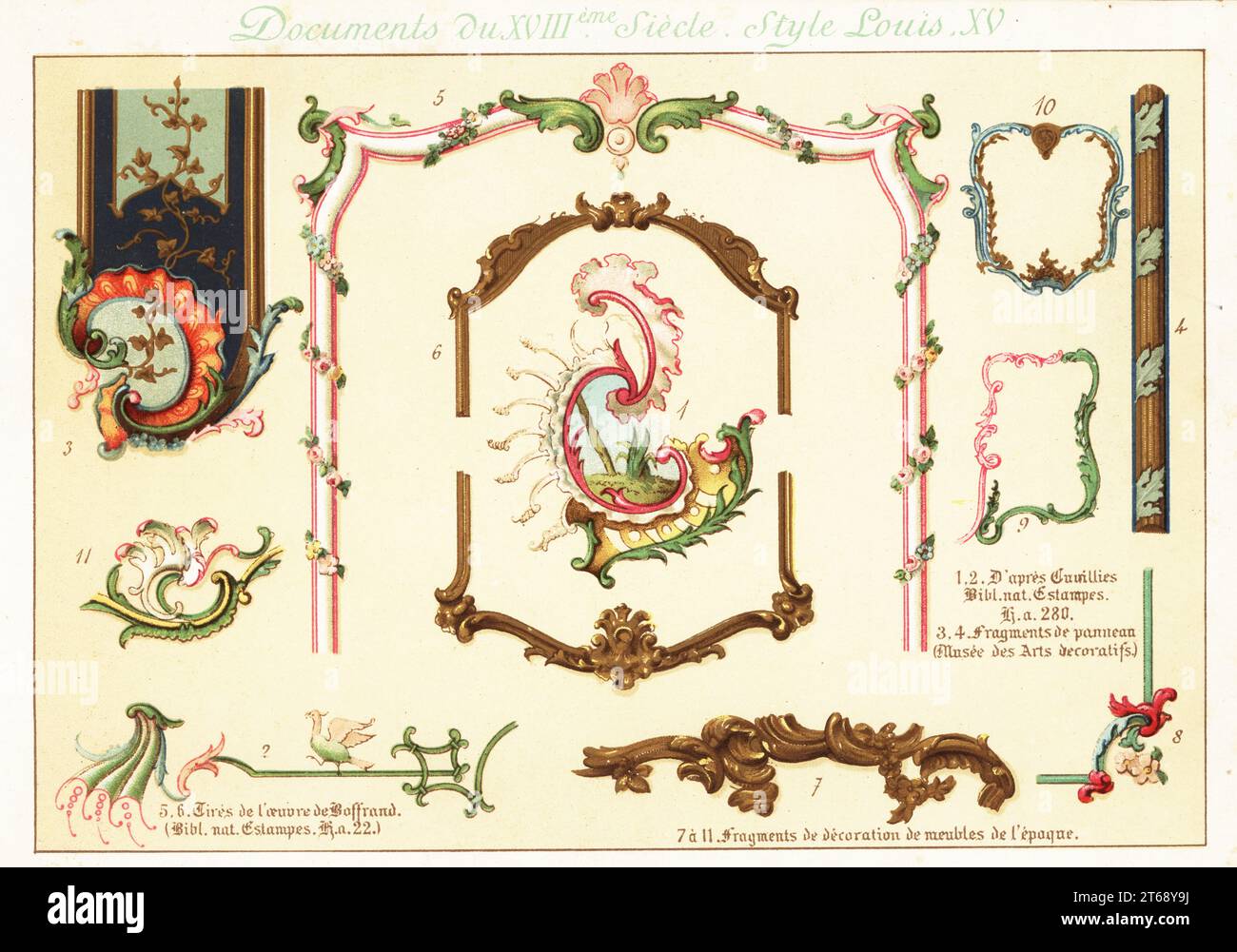 Elementi di design dell'epoca del Re Luigi XV, XVIII secolo. 1,2 dopo Francois de Cuvillies, 3,4 frammenti di pannelli Musee des Arts Decoratifs, 5,6 dopo Germain Boffrand, 7-11 frammenti di mobili dell'epoca. Chromolithograph progettato e litografato da Ernst Guillot da Elements d'Ornementation du XVIIIe Siecle, elementi di ornamento del 18 ° secolo, Renouard, Parigi, 1890. Foto Stock