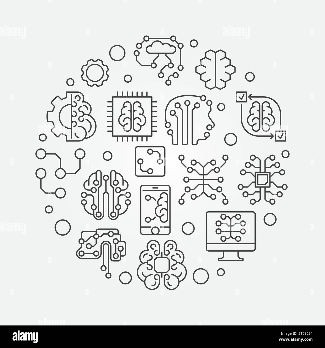 Illustrazione semplice del vettore rotondo del cervello digitale. L'apprendimento automatico e l'intelligenza artificiale delineano le icone a forma di cerchio Illustrazione Vettoriale
