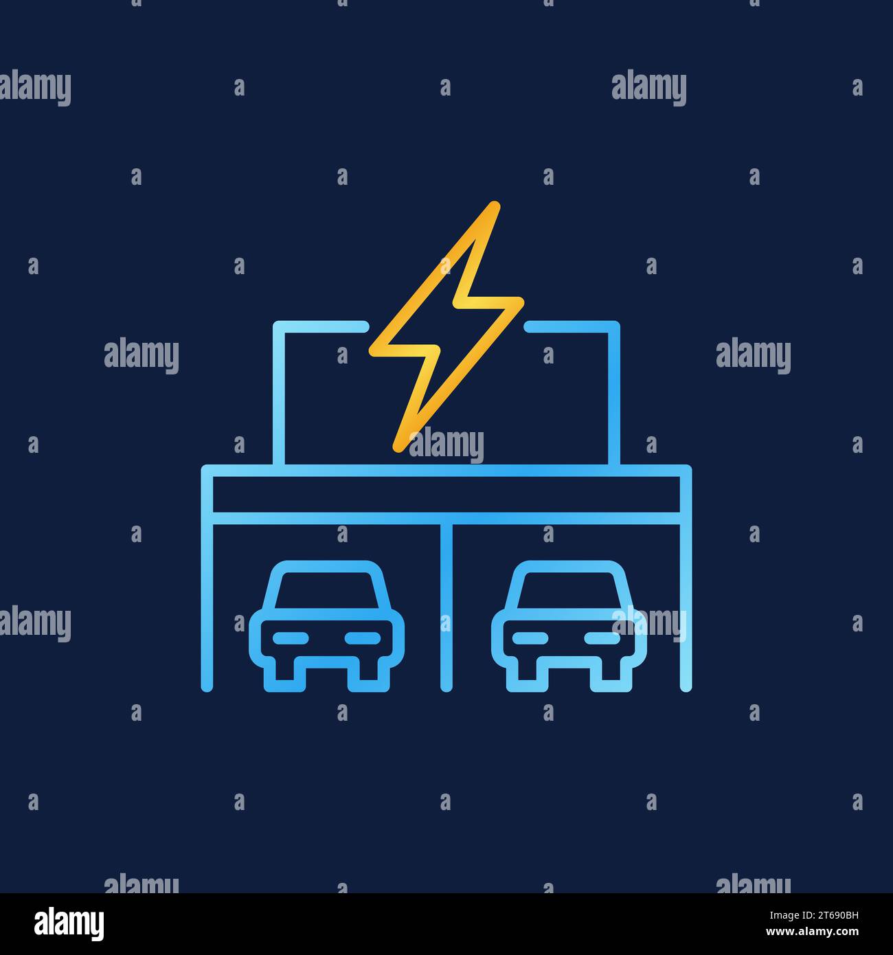Garage con auto elettriche icona vettoriale colorata o simbolo in linea sottile su sfondo scuro Illustrazione Vettoriale