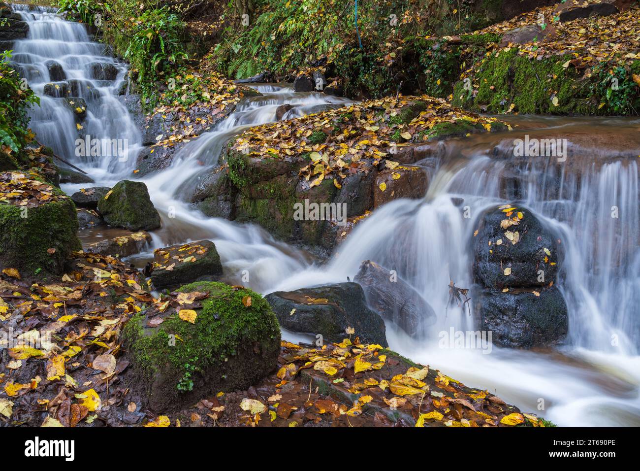 Cascata a lunga esposizione che crea un effetto idrico uniforme a Badger, nello Shropshire, Regno Unito Foto Stock Cascata a lunga esposizione che crea un effetto idrico uniforme a Badger, nello Shropshire, Regno Unito Foto Stock