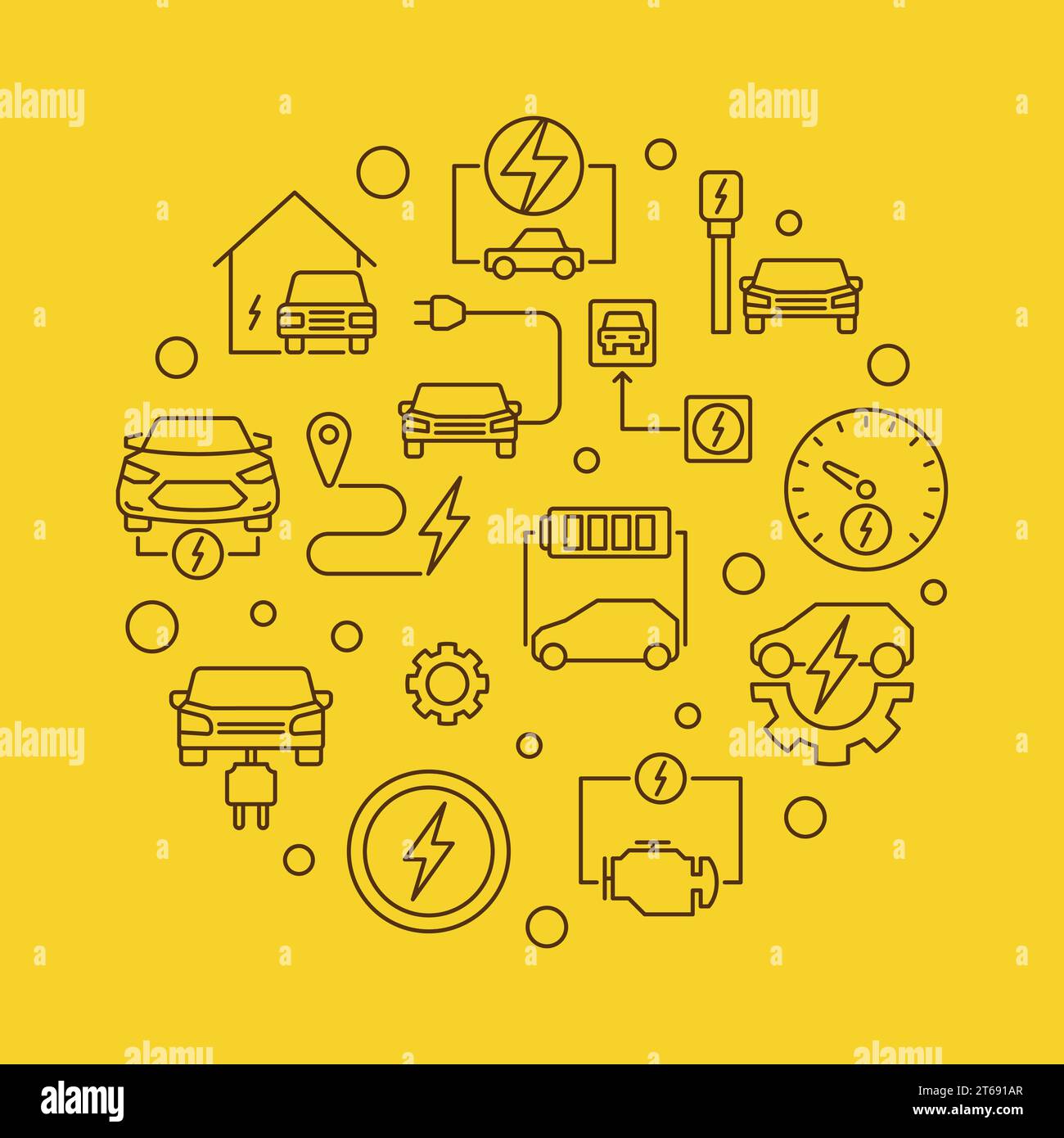 Illustrazione vettoriale rotonda delle auto elettriche in stile lineare su sfondo giallo Illustrazione Vettoriale