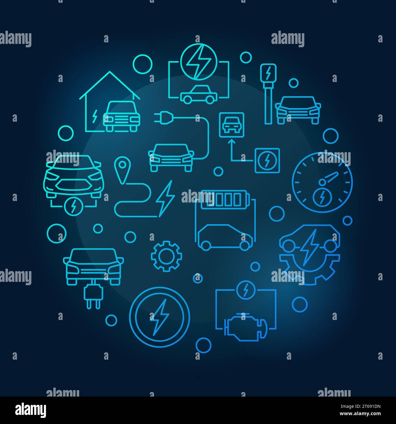 Illustrazione vettoriale rotonda blu in stile lineare su sfondo scuro Illustrazione Vettoriale