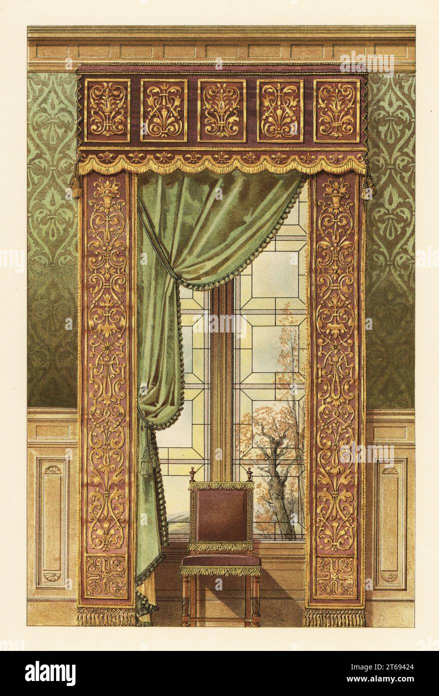Parete in stile rinascimentale, circa 1900. Pelmet in legno, tende in velluto con ricami di seta, appendiabiti a parete in damasco. Planche 10. Stile Croisee rinascimentale. Galerie bois recouvert, bandeau velours, Applications et broderies de soie. Applicazioni Pentes meme tissu que le bandeau et memes. Grand rideau de dessous cannetille. Tenture murale damas. Cromolitografia di Delamotte dopo un'illustrazione di Ernest Foussier dal suo Nouveaux Modèles de Tentures, Decorations de Fenêtres, New models of Wall hangings, Window Decorations, E. Thezard Fils, Librairie speciale dArchitecture, Dourdan, Francia, 1900 Foto Stock