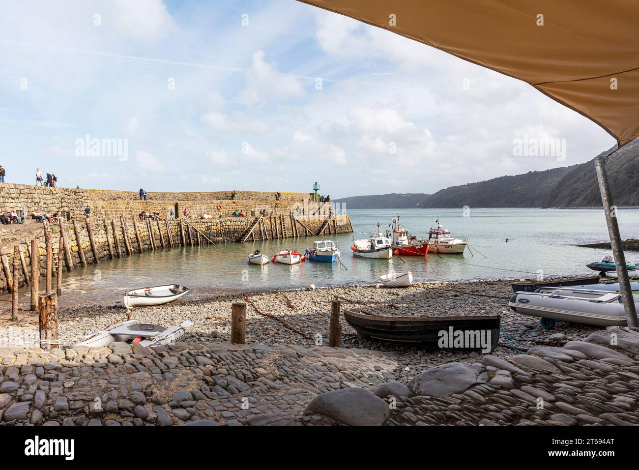 Clovelly, Devon, Regno Unito, Inghilterra, Clovelly Harbour, Clovelly UK, Clovelly England, Clovelly Harbour, villaggio, barche, barche da pesca, belle, villaggi, Foto Stock