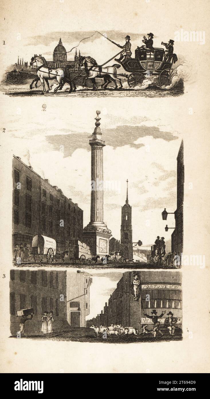 I connazionali su un pullman, il Monumento e il Pie Corner. Pullman a quattro cavalli di fronte alla Cattedrale di Saint Pauls 1, al Monumento al fuoco di Londra a Fish Street Hill 2 e alla figura di un ragazzo al Pie Corner a West Smithfield 3. Incisione su legno dopo un'illustrazione di Isaac Taylor da City Scenes, or a Peep into London, di Ann Taylor e Jane Taylor, pubblicata da Harvey and Darton, Gracechurch Street, Londra, 1828. Le sorelle inglesi Ann e Jane Taylor furono prolifici poeti romantici e scrittori di libri per bambini all'inizio del XIX secolo. Foto Stock