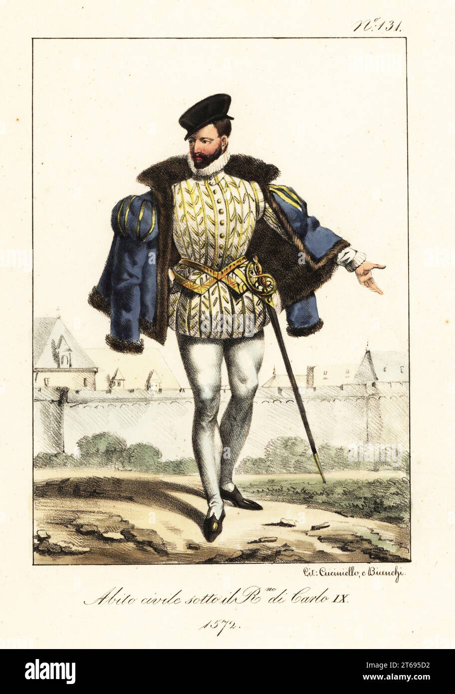 Moda maschile durante il regno di re Carlo IX di Francia, 1572. Cappuccio, colletto a ruggine, giacca foderata in pelliccia, doppietta ricamata, tubo e spada. Costume Civil sous le Regne de Charles IX Litografia colorata a mano di Lorenzo Bianchi e Domenico Cuciniello dopo Hippolyte Lecomte da Costumi civili e militari della monarchia francese dal 1200 al 1820, Napoli, 1825. Edizione italiana dei Lecomti costumi civili e militari della monarchia francese dal 1200 al 1820. Foto Stock