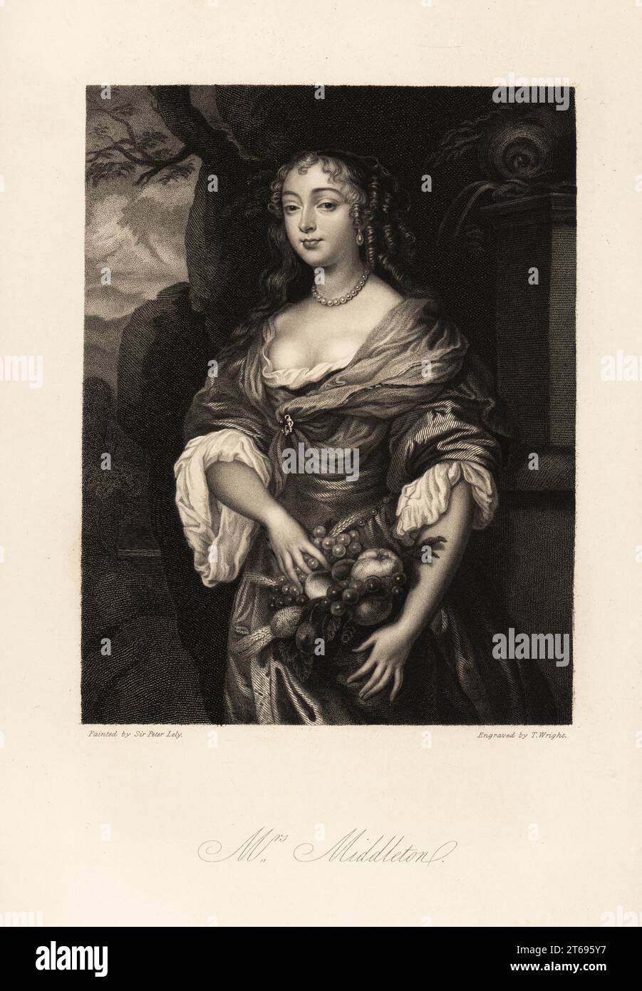 Mrs Jane Middleton, figlia di Sir Roger Needham, una donna di squisita bellezza dice Granger, morta intorno al 1685. Raffigurata con una cornucopia di frutta. Incisione in acciaio di Thomas Wright su un ritratto di Sir Peter Lely da Mrs Anna Jamesons Memoirs of the Beauties of the Court of King Charles the Second, Henry Coburn, Londra, 1838. Foto Stock