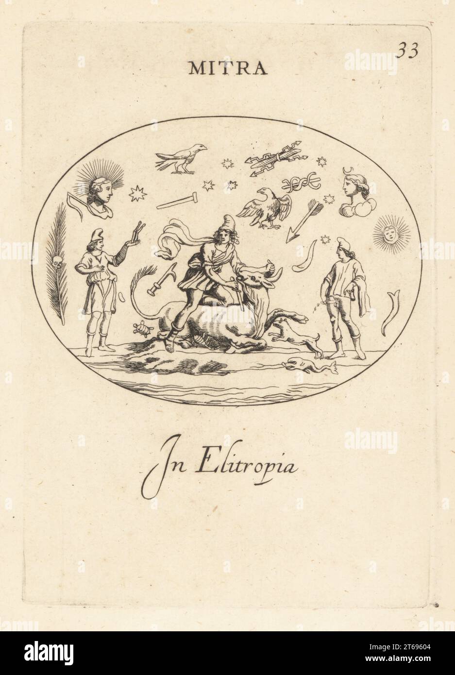 Mithras pugnalò un toro con un coltello. Culto di Mithra ispirato dal dio del Sole Zoroastriano Mithra. Con vari simboli, segni, e bestie, cane, delfino, tartaruga e un uomo masturbante. In eliotropo. Mitra in elitropia. Incisione in copperplate di Giovanni Battista Galestruzzi dopo Leonardo Agostini da Gemmae et Sculpturae Antiquae Depicti ab Leonardo Augustino Senesi, Abraham Blooteling, Amsterdam, 1685. Foto Stock