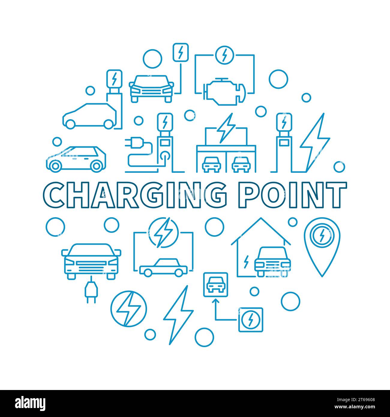 Illustrazione blu vettoriale rotonda del punto di ricarica con le stazioni di ricarica e le auto elettriche delineano le icone Illustrazione Vettoriale