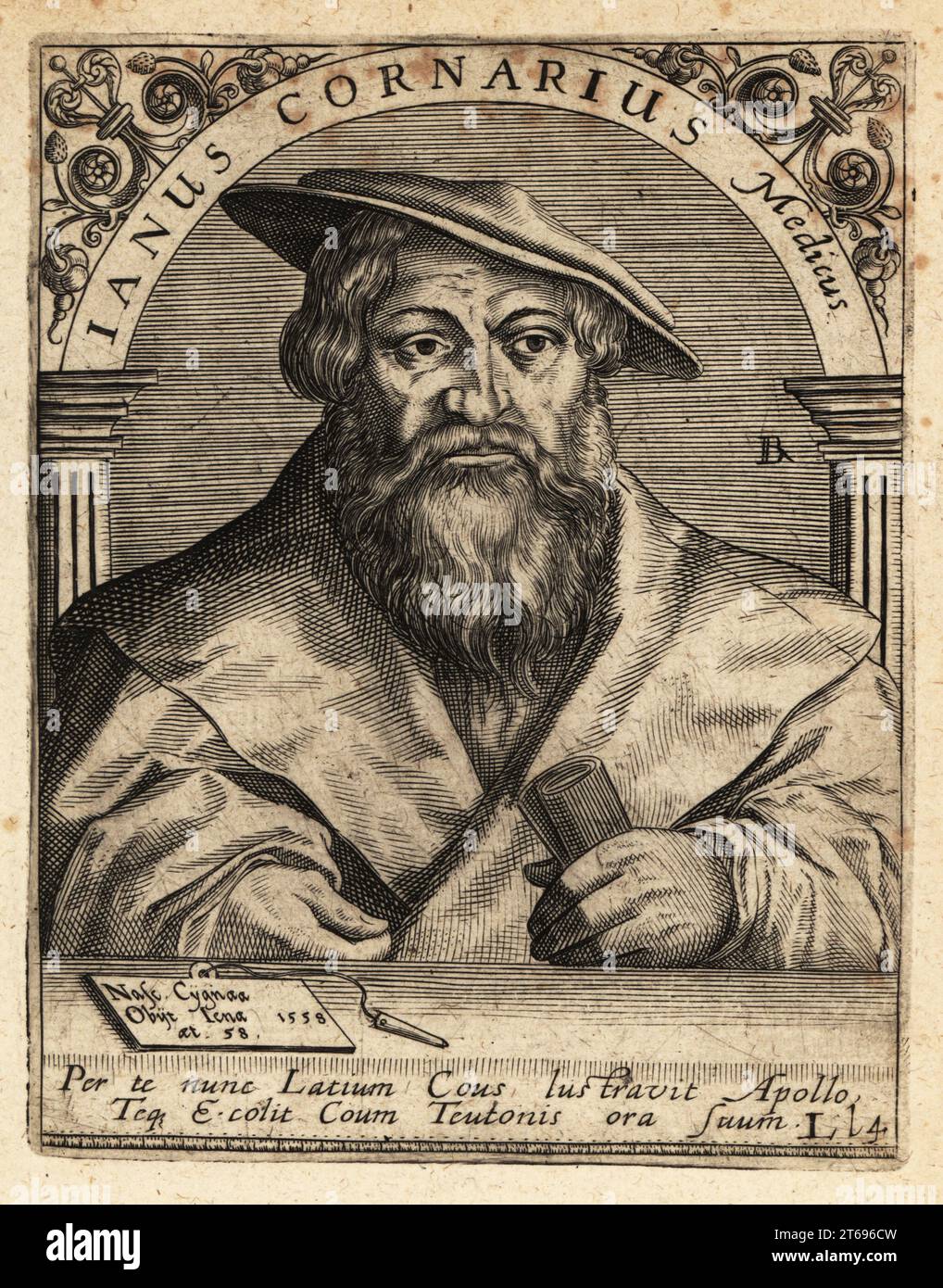 Janus Cornarius, umanista sassone, filologo, traduttore e botanico, c1500-1558. Janus Cornarius Medicus. Incisione su lastra di rame di Johann Theodore de Bry di Jean-Jacques Boissards Bibliotheca Chalcographica, Johann Ammonius, Francoforte, 1650. Foto Stock