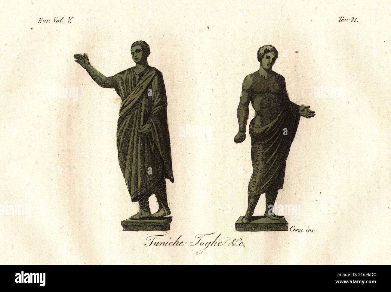 Antiche statue etrusche raffigurano uomini che indossano toga, tunica, calzari, ecc. Tuniche Toghe &c.. Incisione su palo color mano di corsi da Giulio Ferrarios Costumi antichi e moderni dei popoli del mondo, il Costume Antico e moderno, Firenze, 1843. Foto Stock