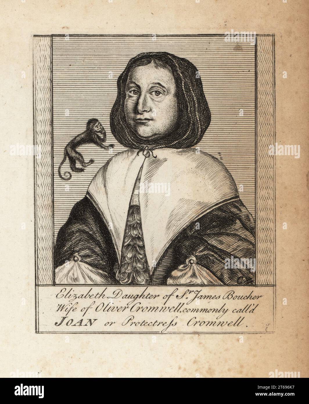 Elizabeth Cromwell, 1598-1665, moglie di Oliver Cromwell, figlia di Sir James Boucher. Comunemente chiamato Joan Cromwell o protettrice Cromwell. Con la scimmia che simboleggia l'eresia. Incisione su rame dopo un ritratto da Christopher Sharp, pubblicata a Londra, xix secolo. Foto Stock