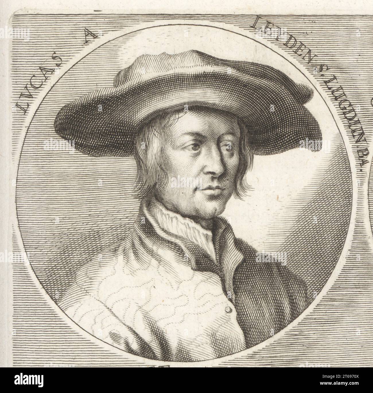 Lucas van Leyden, chiamato anche Lucas Hugensz o Lucas Jacobsz, pittore e incisore olandese in incisione e taglio del legno, 1494-1533. Lucas A Leyden S. Lugdun BA. Dopo un autoritratto. Incisione su piastra di rame di Philipp Kilian su un'illustrazione di Joachim von Sandrart dalla sua LAcademia Todesca, della Architectura, Scultura & Pittura, oder Teutsche Academie, der Edlen Bau- Bild- und Mahlerey-Kunste, Accademia tedesca di architettura, scultura e pittura, Jacob von Sandrart, Norimberga, 1675. Foto Stock