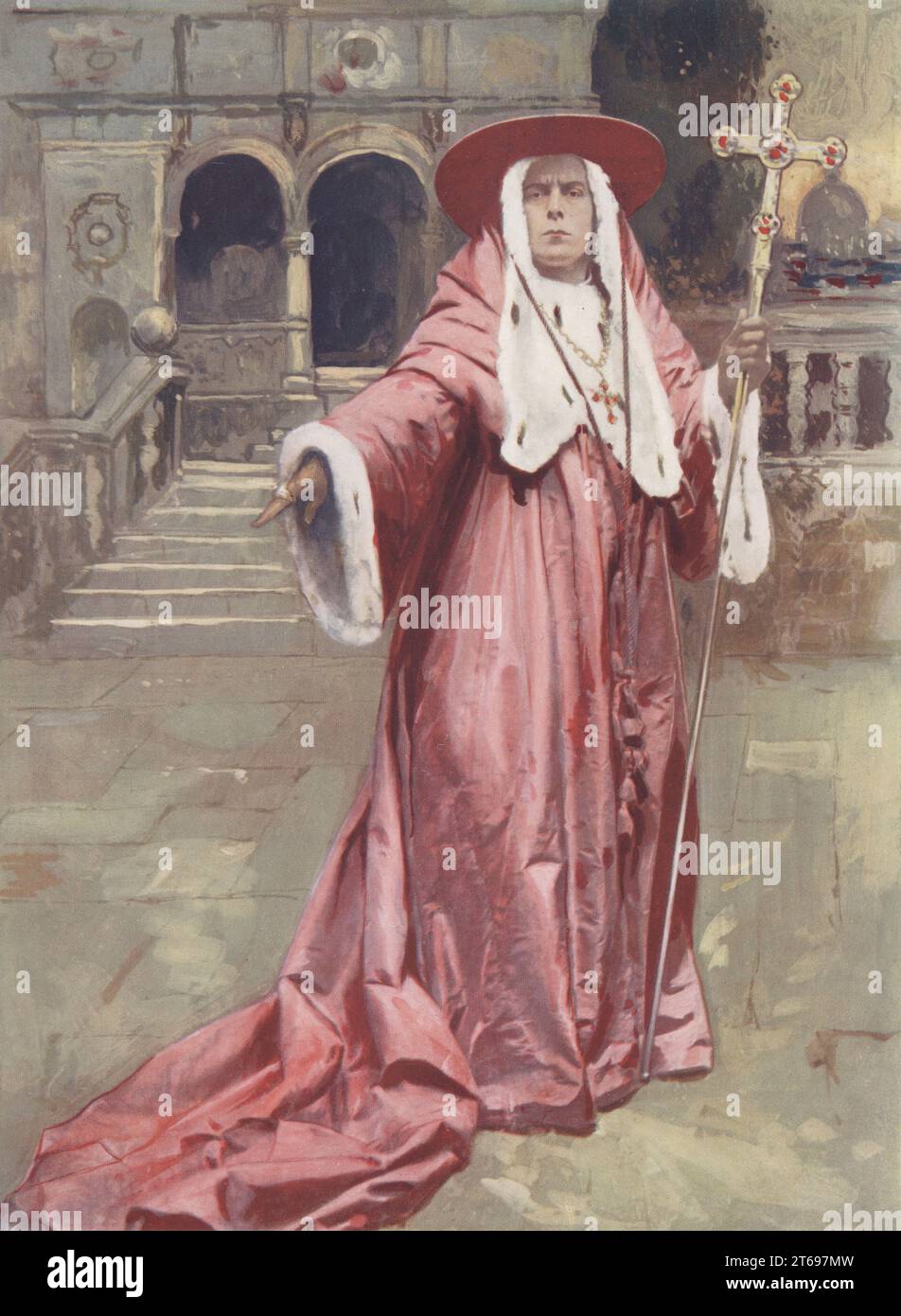 E.S. Willard interpreta il Cardinale de' Medici in il Cardinale, un'opera storica di Louis N. Parker al St. James Theatre, Londra, 1903. Edward Smith Willard, attore teatrale britannico, 1853-1915. Stampa a colori di un'illustrazione a colori basata su una fotografia monocromatica di George Newness Players of the Day, Londra, 1905. Foto Stock