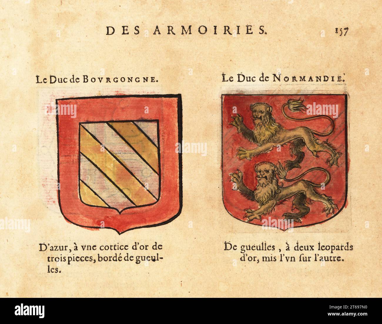 Stemmi del Duca di Borgogna, con curve d'oro su campo blu, e del Duca di Normandia, con due leopardi d'oro su campo rosso. Le Duc de Bourgongne, le Duc de Normandie. Incisione in legno a mano da Hierosme de Baras le Blason des Armoiries, Chez Rolet Bouton, Parigi, 1628. Foto Stock