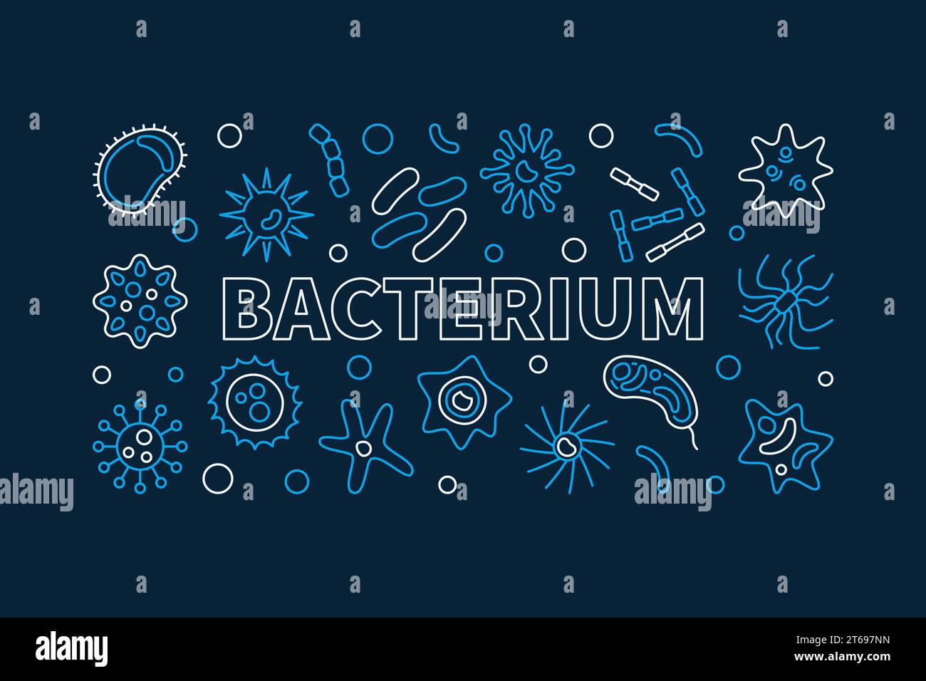 Striscione orizzontale creativo batterio. Illustrazione blu per microbiologia vettoriale realizzata con icone di concetto batterico su sfondo scuro Illustrazione Vettoriale