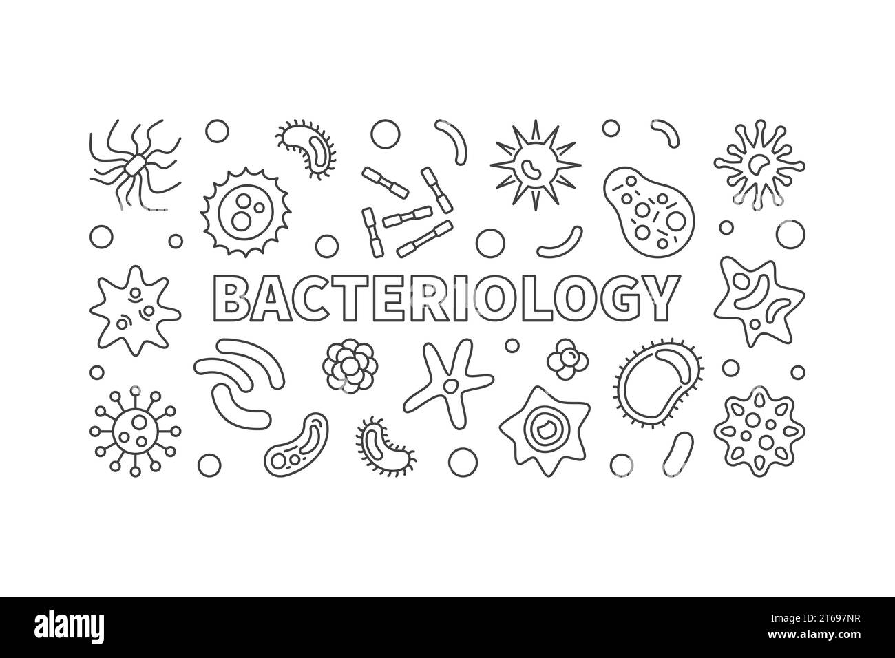 Striscione orizzontale per batteriologia. Illustrazione del concetto di batteri e contaminanti vettoriali in stile delineato Illustrazione Vettoriale