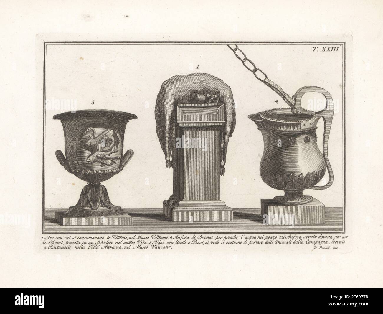 Altare sacrificale con carcassa di pecora 1, anfora di bronzo con catena per un pozzo trovato in un terreno di sepoltura nell'antica Vejo 2, e vaso decorato con uccelli e pesci del Pantanello, Villa Adriana, ora nei Musei Vaticani 3. Incisione in copperplate di Domenico Pronti dalla sua nuova Collezione raffigurante costumi religiosi, civili e militari degli antichi Egizi, Etruschi, Greci e Romani, Nuova Raccolta Rappresentante i Costumi Religiosi Civili e Militari, Roma, 1805. Foto Stock