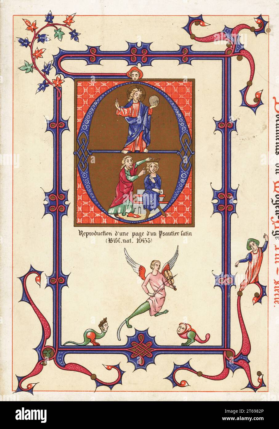 Iniziale decorativa con Gesù Cristo sopra una scena di incoronazione, con angelo che suona violino e mostri. Riproduzione di una pagina illuminata da un salterio latino del XIII secolo, manoscritto 10435. Riproduzione dune page dun Psautier Latin Bibl. NAT. 10455. Chromolithograph progettato e litografato da Ernst Guillot dal suo Ornementation des Manuscrits au Moyen-Age (ornamento dai manoscritti del Medioevo), Parigi, 1897. Foto Stock