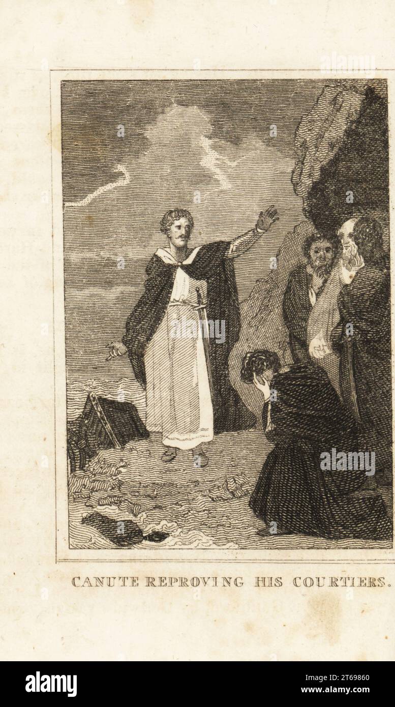 Re Canuto il grande di Danimarca; Inghilterra e Norvegia, (morto nel 1035), mostrando la sua mancanza di potere sulla marea sulla spiaggia. Canuto ha dato prova ai suoi cortigiani. Incisione su lastra di rame da M. A. Jones storia d'Inghilterra da Giulio Cesare a Giorgio IV, G. Virtue, 26 Ivy Lane, Londra, 1836. Foto Stock