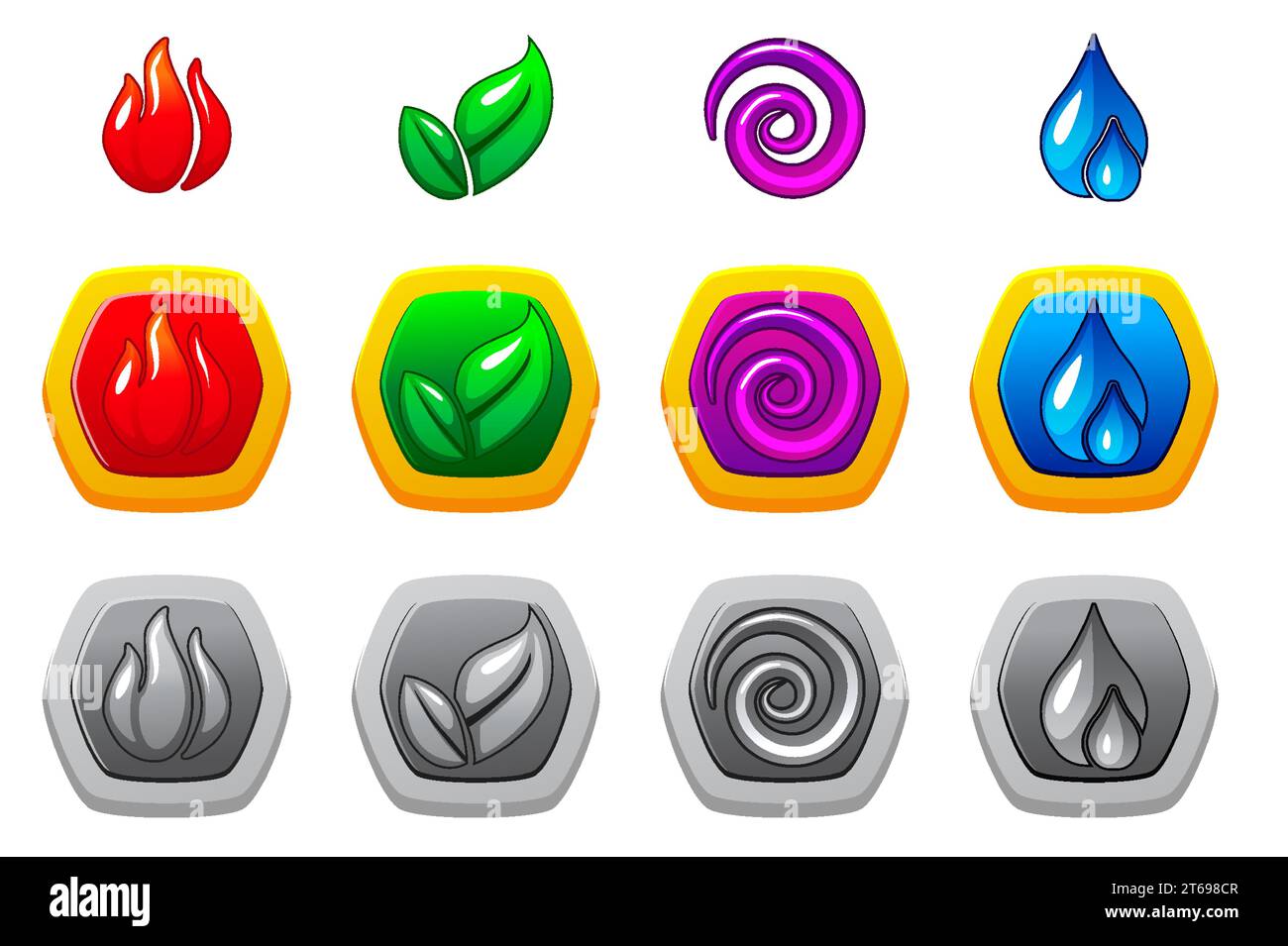 I quattro elementi della natura - fuoco, aria, terra e acqua in diverse varianti e colori. Set di icone per il gioco Illustrazione Vettoriale