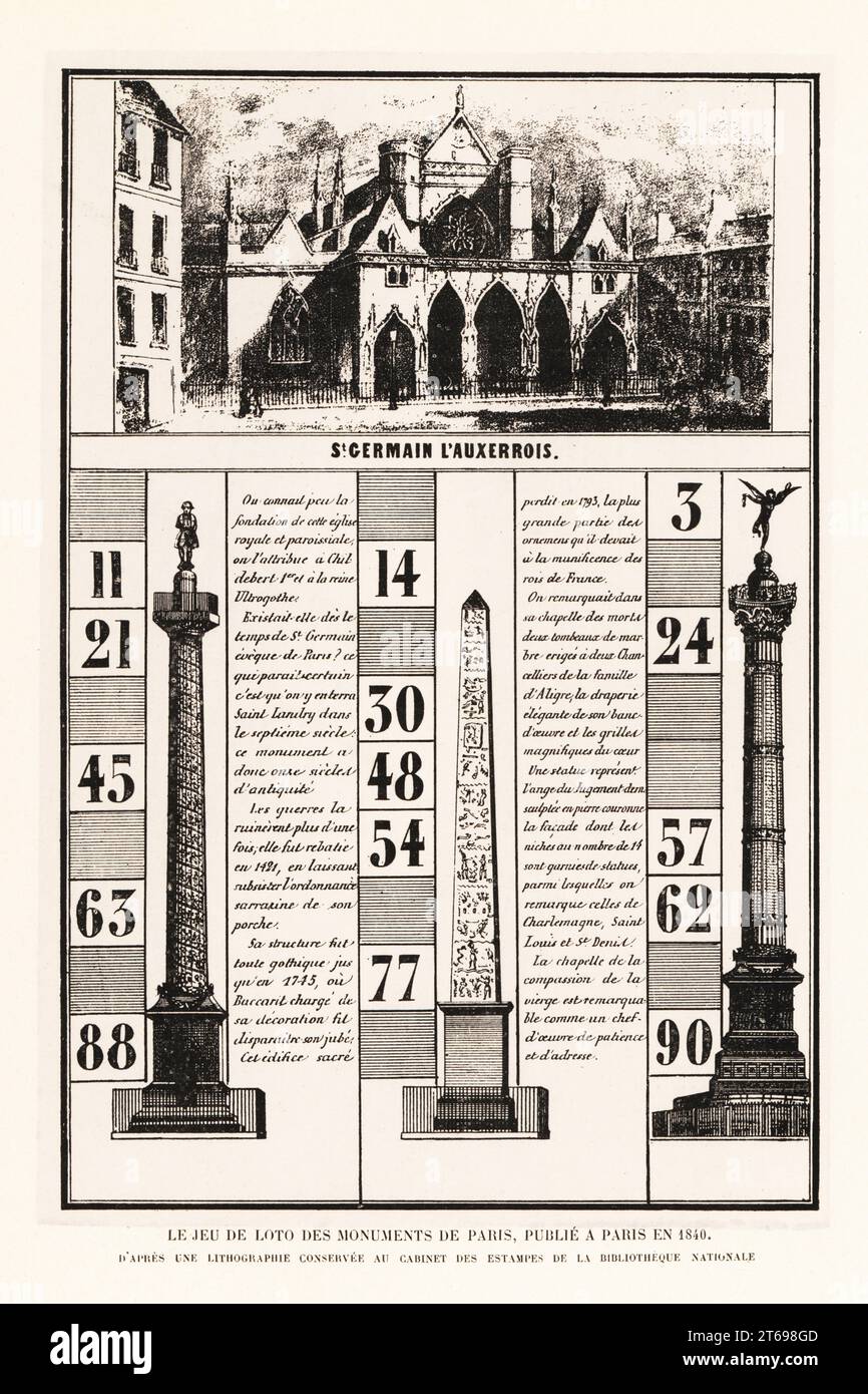 Lotto Numbers gioco con monumenti di Parigi, 1840. Con la chiesa di San ...