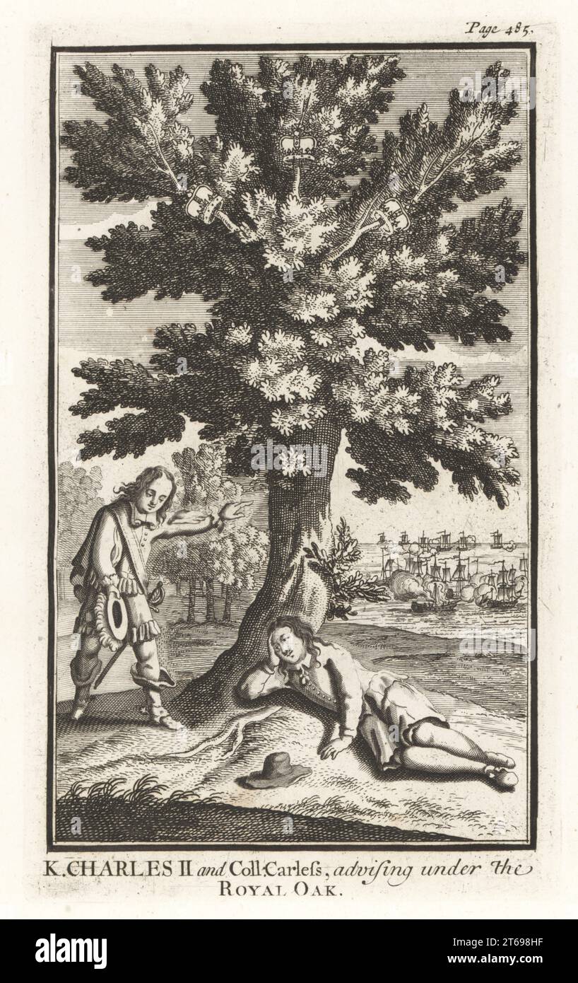 Il monarchico William nasconde re Chales II dalle truppe di Oliver Cromwell nei rami di un albero di quercia dopo la battaglia di Worcester, 1651. Sullo sfondo, una feroce battaglia navale sul fiume Severn. Re Carlo II e colonnello imprudenti, consigliando sotto la Royal Oak. Incisione su lastra di rame dalla Samuel Woodburns Gallery di ritratti rari costituiti da piastre originali, George Jones, 102 St Martins Lane, Londra, 1816. Foto Stock