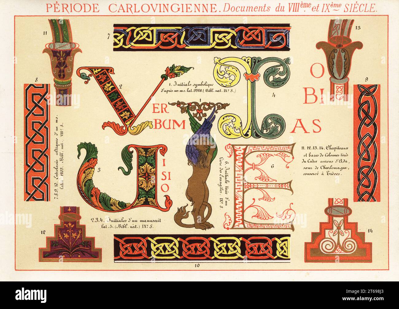 Lettere iniziali, confini, colonne e interlacciamento celtico da documenti della dinastia carolingia, VIII e IX secolo. Tratto dai Vangeli di Ada, manoscritti miniati, libri evangelici, ecc. 1 MS Latin 9388, 2-4 manuscrit Latin 5, 6 Livre des Evangiles, 7-10 Entrelaces celtiques dun MS Latin 1203, 11-13 Codex aureus Dada, soeur de Charlemagne, conserve a Treves. Cromolitografia progettata e litografata da Ernst Guillot da Elements dOrnementation pour lEnluminure (Elements of Ornamentation for Illumination), Renouard, Parigi, 1890. Foto Stock