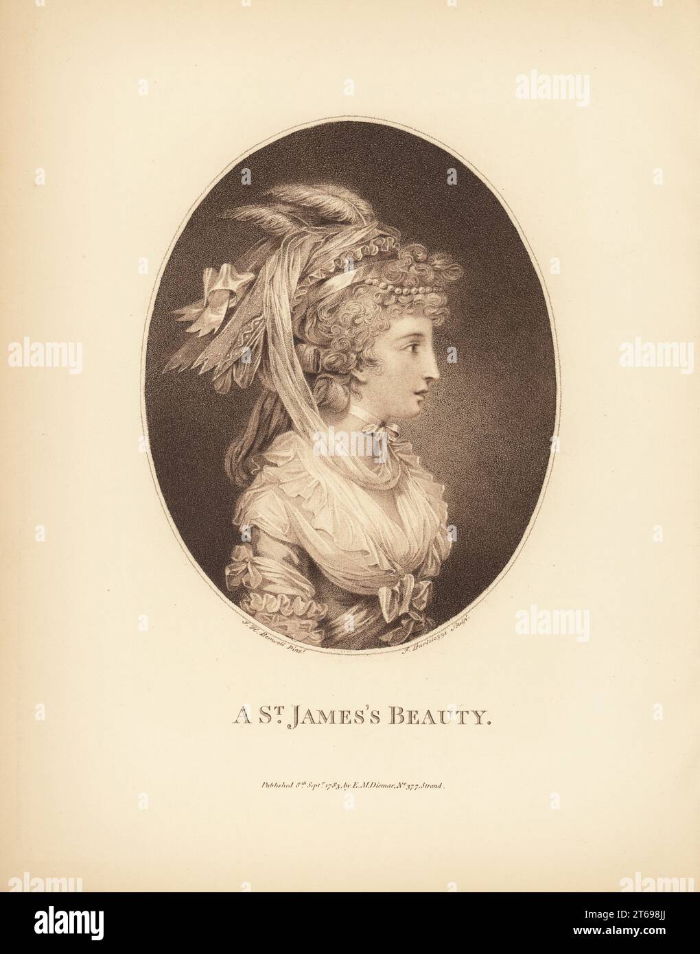 Ritratto ovale di Priscilla Burrough come un San James Beauty, 1783. Nella moda di alta classe di questa lussuosa zona di Londra. In un elaborato headdress con piume, nastri e perle sui capelli ricci stretti, abito a ruffled basso-tagliato. Società bellezza Priscilla sposò il signor William Brooks, proprietario del famoso club gentleman's. Stampato in inchiostro nero. Foto Stock