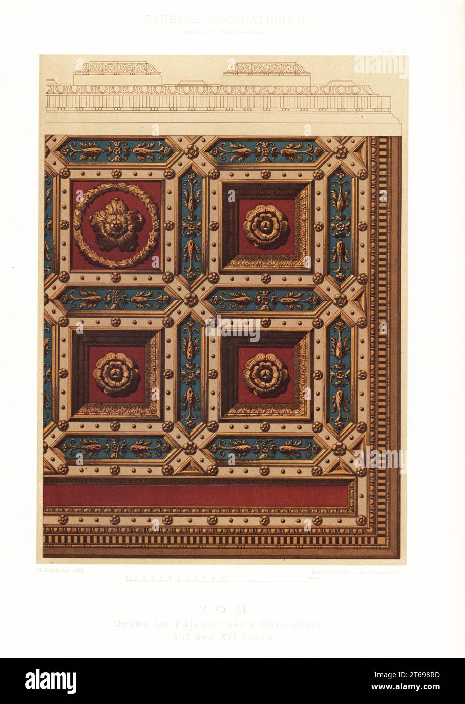 Soffitto nel Palazzo della Cancelleria, Roma, Italia, XVI secolo. Decke im Palazzo della Cancelleria, Rom, auf des XVI Jahrh. Chromolithograph di G. Neuhaus da Ernst Ewalds Farbige decorationen, Alter und Never Zeit (decorazione a colori, epoche antiche e nuove), Ernst Wasmuth, Berlino, 1896. Foto Stock