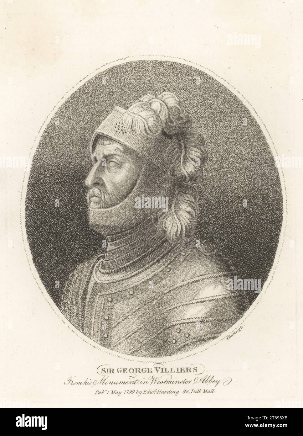 Sir George Villiers, cavaliere inglese, signore di campagna, corte della regina Elisabetta i, 1544-1606. Dal suo monumento in marmo bianco scolpito da Nicholas Stone, con armatura a lastra e casco a piattello, l'Abbazia di Westminster. Incisione su lastra di rame di Edward Harding da John Adolphus il governo britannico, contenente ritratti di personaggi illustri, stampato da T. Bensley per E. Harding, 98 Pall Mall, Londra, 1799. Foto Stock