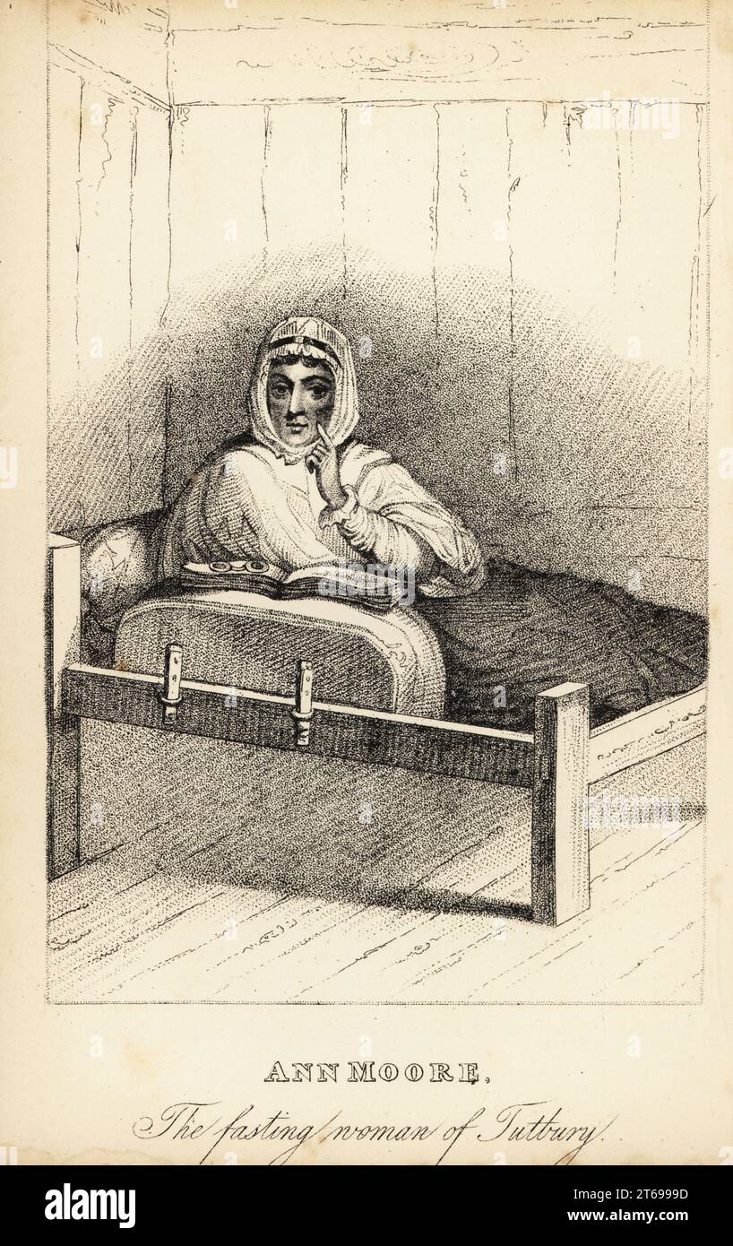 Ann Moore, la donna a digiuno di Tutbury, nata nel 1761. Ha fatto lunghi digiuni in cambio di denaro dal 1807, ma è stato scoperto come una frode nel 1813. In seguito fu mandato in prigione per aver falsamente raccolto denaro per beneficenza nel 1816. Raffigurata nel suo letto a digiuno con Bibbia e occhiali. Litografia dopo un'incisione di Robert Cooper da Henry Wilson e James Caulfields Book of Wonderful Characters, Memoirs and Anecdotes, of Remarkable and Eccentric Persons in All Age and Countries, John Camden Hotten, Piccadilly, Londra, 1869. Foto Stock Ann Moore, la donna a digiuno di Tutbury, nata nel 1761. Ha fatto lunghi digiuni in cambio di denaro dal 1807, ma è stato scoperto come una frode nel 1813. In seguito fu mandato in prigione per aver falsamente raccolto denaro per beneficenza nel 1816. Raffigurata nel suo letto a digiuno con Bibbia e occhiali. Litografia dopo un'incisione di Robert Cooper da Henry Wilson e James Caulfields Book of Wonderful Characters, Memoirs and Anecdotes, of Remarkable and Eccentric Persons in All Age and Countries, John Camden Hotten, Piccadilly, Londra, 1869. Foto Stock