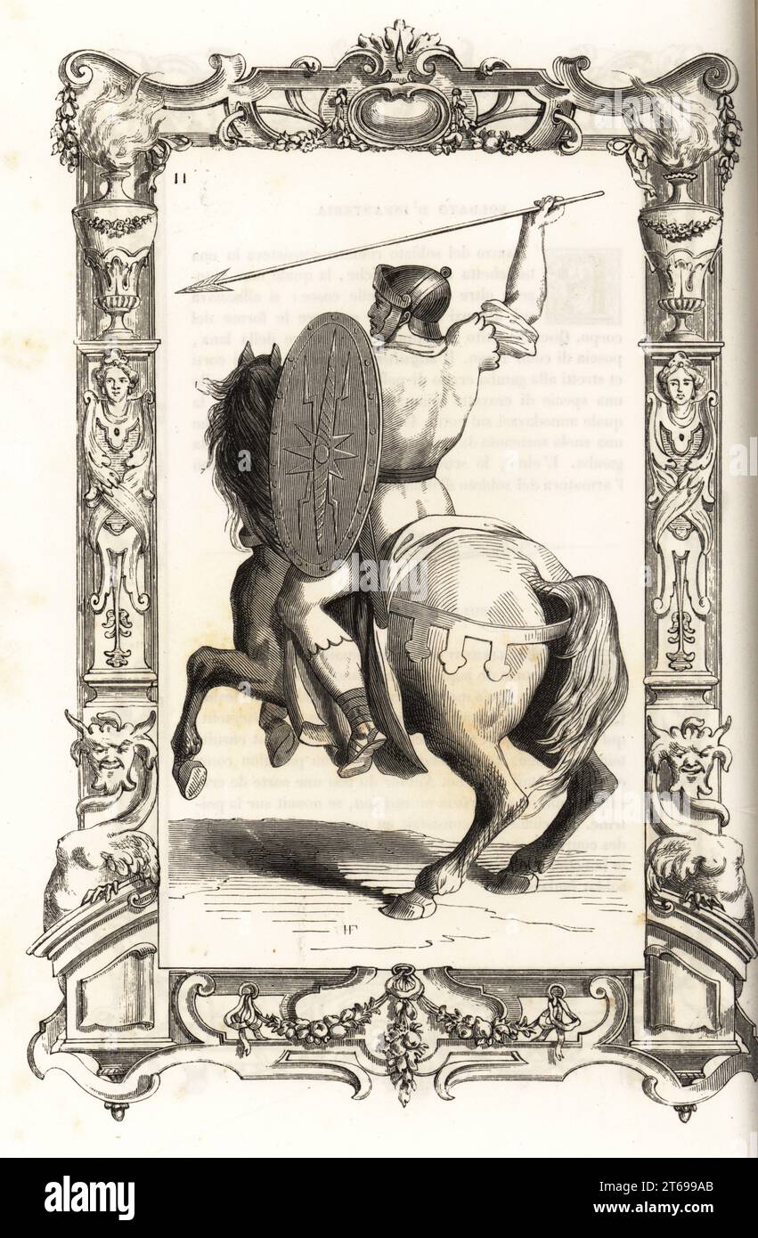 Costume di un antico cavaliere della luce romano. Indossa un casco in pelle, una tunica, porta uno scudo e un dardo, o lancia una freccia. All'interno di una cornice decorativa incisa da H. Catenacci e Fellmann. Incisione a blocchi di legno di Gerard Seguin e E.F. Huyot dopo un taglio su legno di Christoph Krieger di Cesare Vecellios Costumes anciens et modernes del XVI secolo, Habiti antichi et moderni di tutto il mondo, Firman Didot Ferris Fils, Parigi, 1859-1860. Foto Stock Costume di un antico cavaliere della luce romano. Indossa un casco in pelle, una tunica, porta uno scudo e un dardo, o lancia una freccia. All'interno di una cornice decorativa incisa da H. Catenacci e Fellmann. Incisione a blocchi di legno di Gerard Seguin e E.F. Huyot dopo un taglio su legno di Christoph Krieger di Cesare Vecellios Costumes anciens et modernes del XVI secolo, Habiti antichi et moderni di tutto il mondo, Firman Didot Ferris Fils, Parigi, 1859-1860. Foto Stock