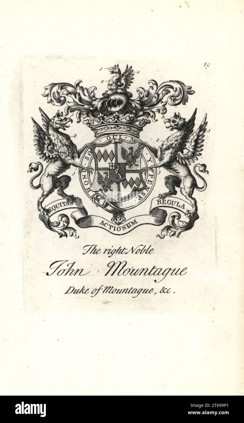 Stemma e stemma del nobile di destra Giovanni Montagu, 2nd Duca di Montagu 1690-1749. Incisione su copperplate di Andrew Johnston dopo C. Gardiner da Notitia Anglicana, Che Spiega Le Conquiste di tutta La Nobiltà inglese, Andrew Johnson, The Strand, Londra, 1724. Foto Stock