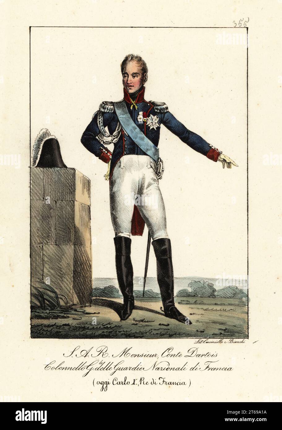 Carlo Filippo, conte di Artois, poi re Carlo X di Francia, 1757-1836. Con l'uniforme del generale della Guardia Nazionale. S.A.R. Monsieur, conte Dartois. Colonnello generale des Gardes Nationales de France. Litografia colorata a mano di Lorenzo Bianchi e Domenico Cuciniello dopo Hippolyte Lecomte da Costumi civili e militari della monarchia francese dal 1200 al 1820, Napoli, 1825. Edizione italiana dei Lecomti costumi civili e militari della monarchia francese dal 1200 al 1820. Foto Stock