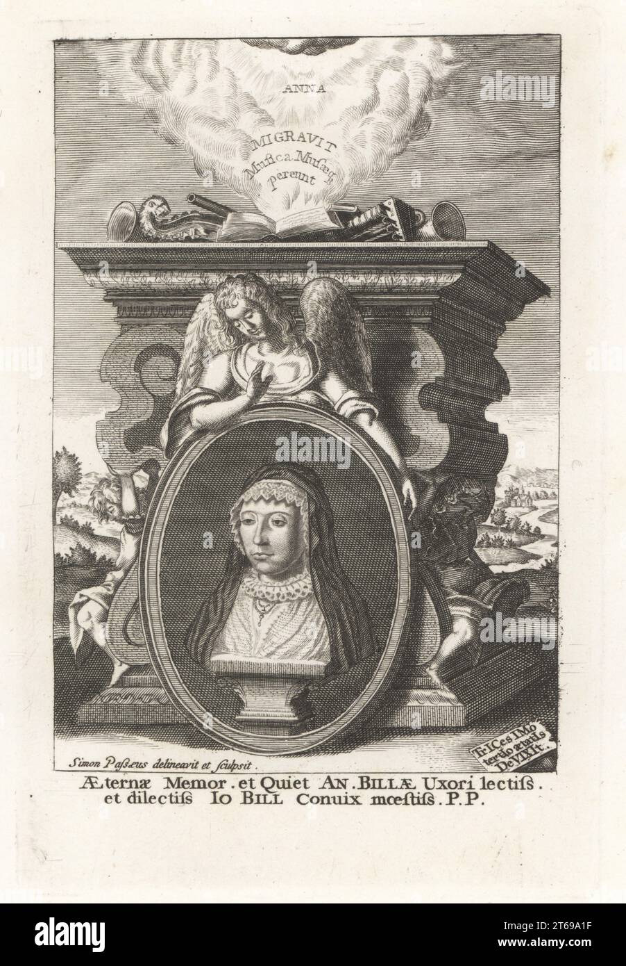 Anne Bill. mystic moglie dello stampatore John Bill, morta nel 1621. Busto velato all'interno di una cornice ovale tenuto da angelo su un altare con strumenti musicali in fiamme. Dal sermone funebre di Martin Day Peplum Modestiae in Monument of Mortalitie, 1621. Aeterna Memor. Et Quiet An. Billae Uxori lectiss et dilectiss io Bill. Incisione su lastra di rame dalla Samuel Woodburns Gallery di ritratti rari costituiti da piastre originali, George Jones, 102 St Martins Lane, Londra, 1816. Foto Stock