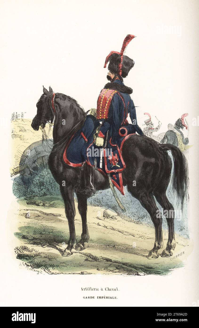 Uniforme dell'Artiglieria a Cavallo, Guardia Imperiale francese. In pelliccia Busby, cappotto blu simile a un ussaro con rana rossa, brezze blu e stivali neri, sabretache con aquila imperiale. Armati di sciabola. Artillerie a cheval, Garde Imperiale. Legname colorato a mano di Prosper Adolphe Leon Cherrier dopo un'illustrazione di Hippolyte Bellangé da P.M. Laurent de lArdeches Histoire de Napoleon, Parigi, 1840. Foto Stock