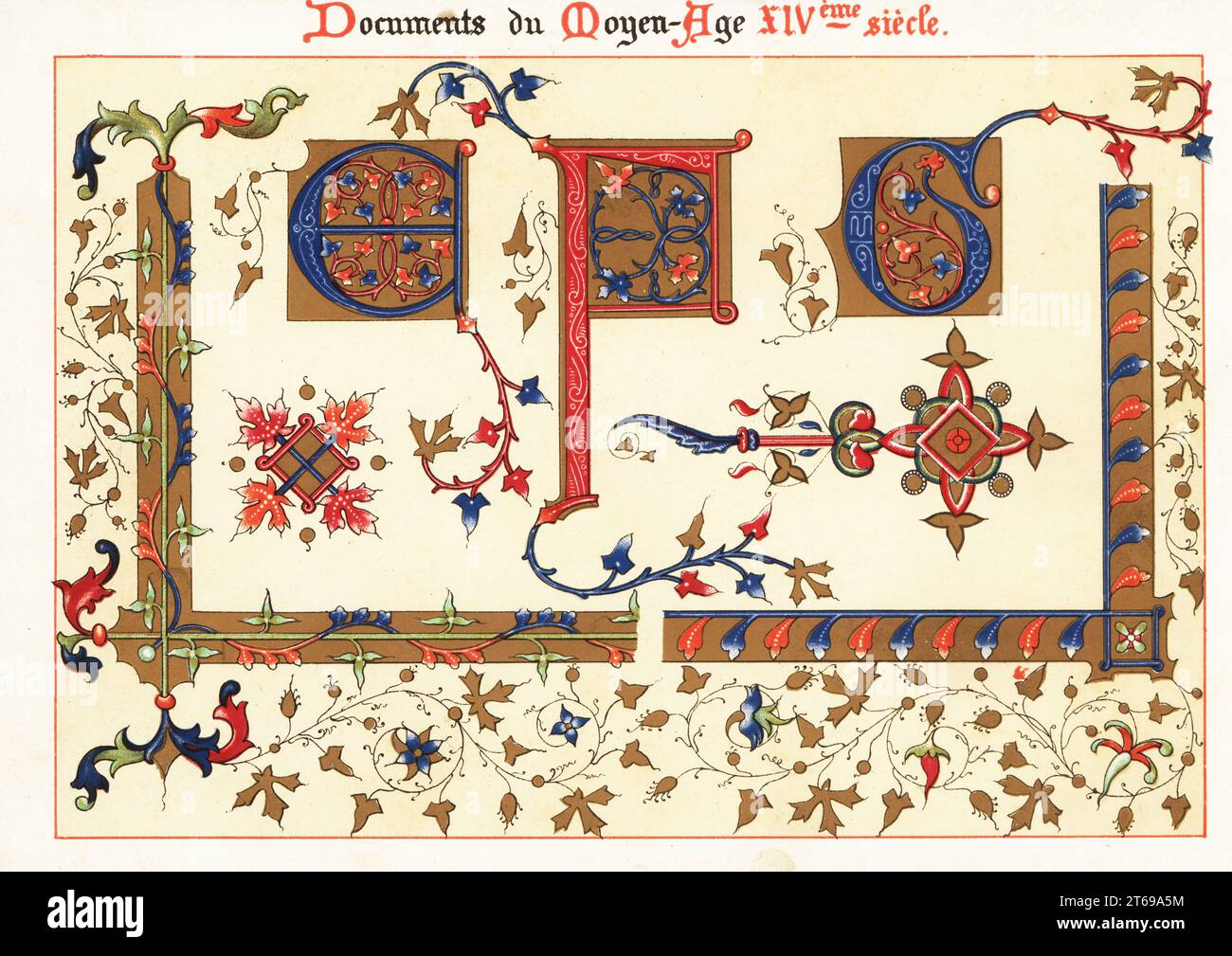 Lettere iniziali e fogliame di confine della Bibbia illuminata di Jean de Sy per il Re Jean II di Francia, Jean le Bon, XIV secolo. Chromolithograph progettato e litografato da Ernst Guillot dalla sua Ornementation des Manuscrits au Moyen-Age (decorazione da manoscritti del Medioevo), Parigi, 1897. Foto Stock